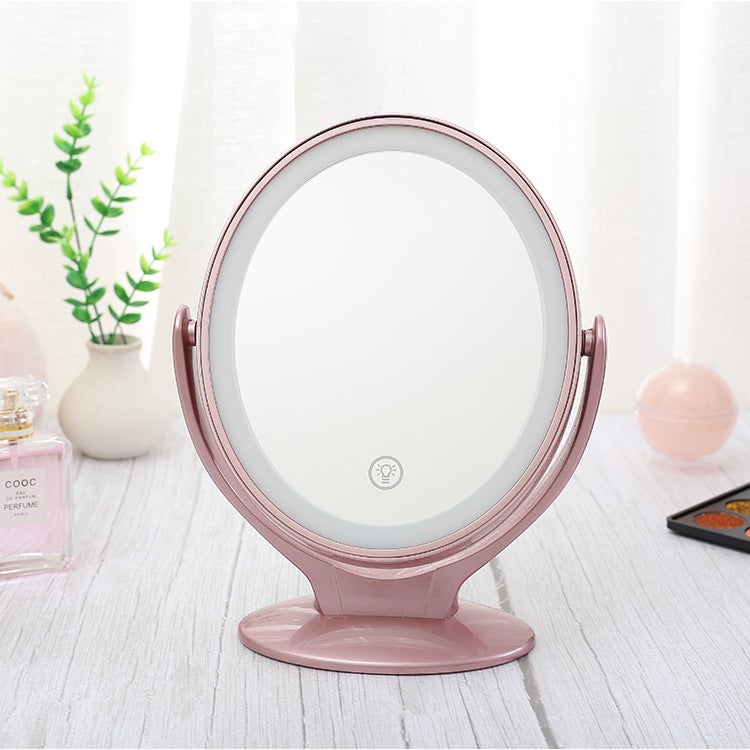 Dwustronne lusterko do makijażu z oświetleniem LED, obrotowe o 360°, ładowane przez USB, podświetlane lusterko podróżne, różowe