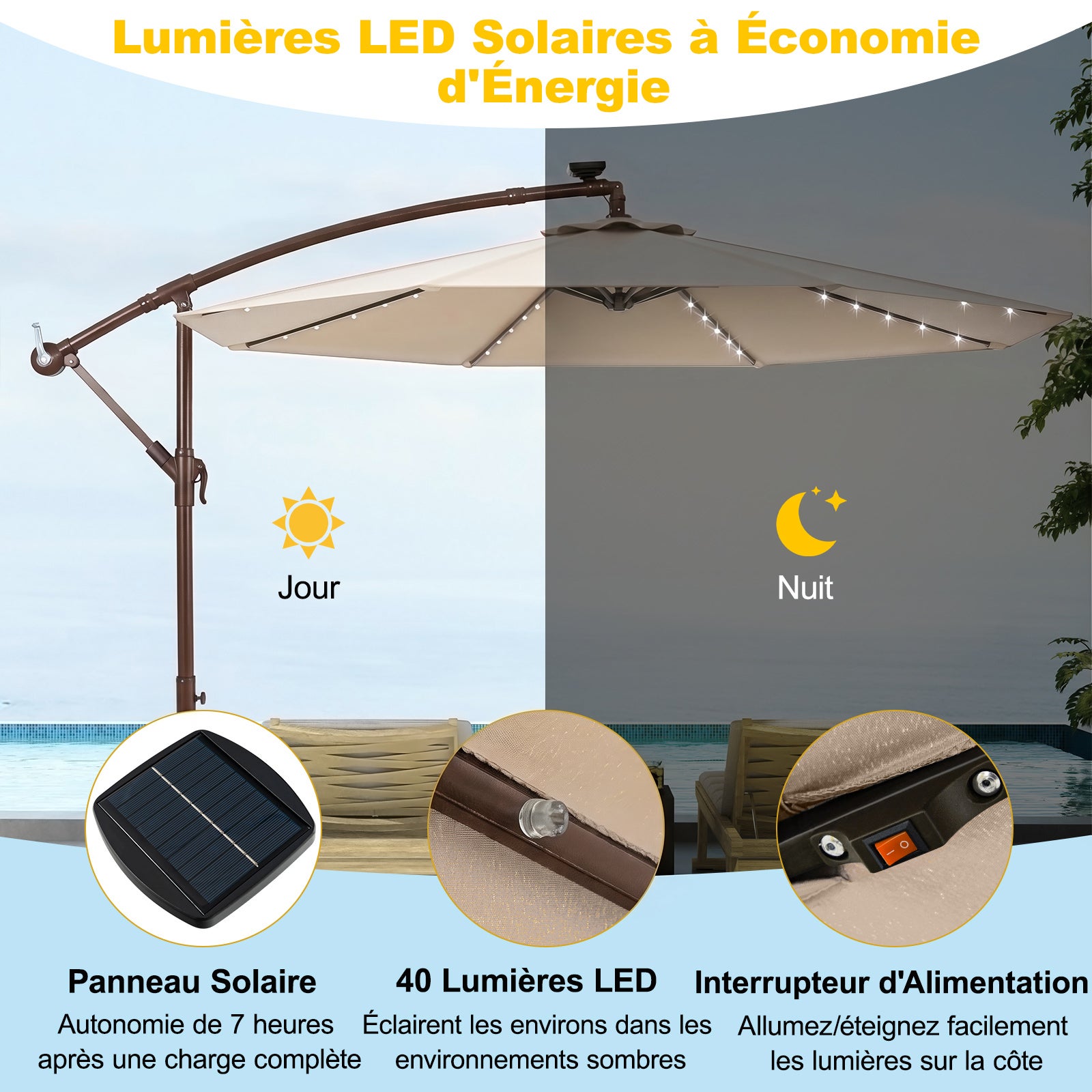 Parasol Déporté 3M Hexagonale, avec 40 LED Solaire, Inclinable, 8 Baleines en Métal, Base Croisée, Parasol à Manivelle, Beige - 6