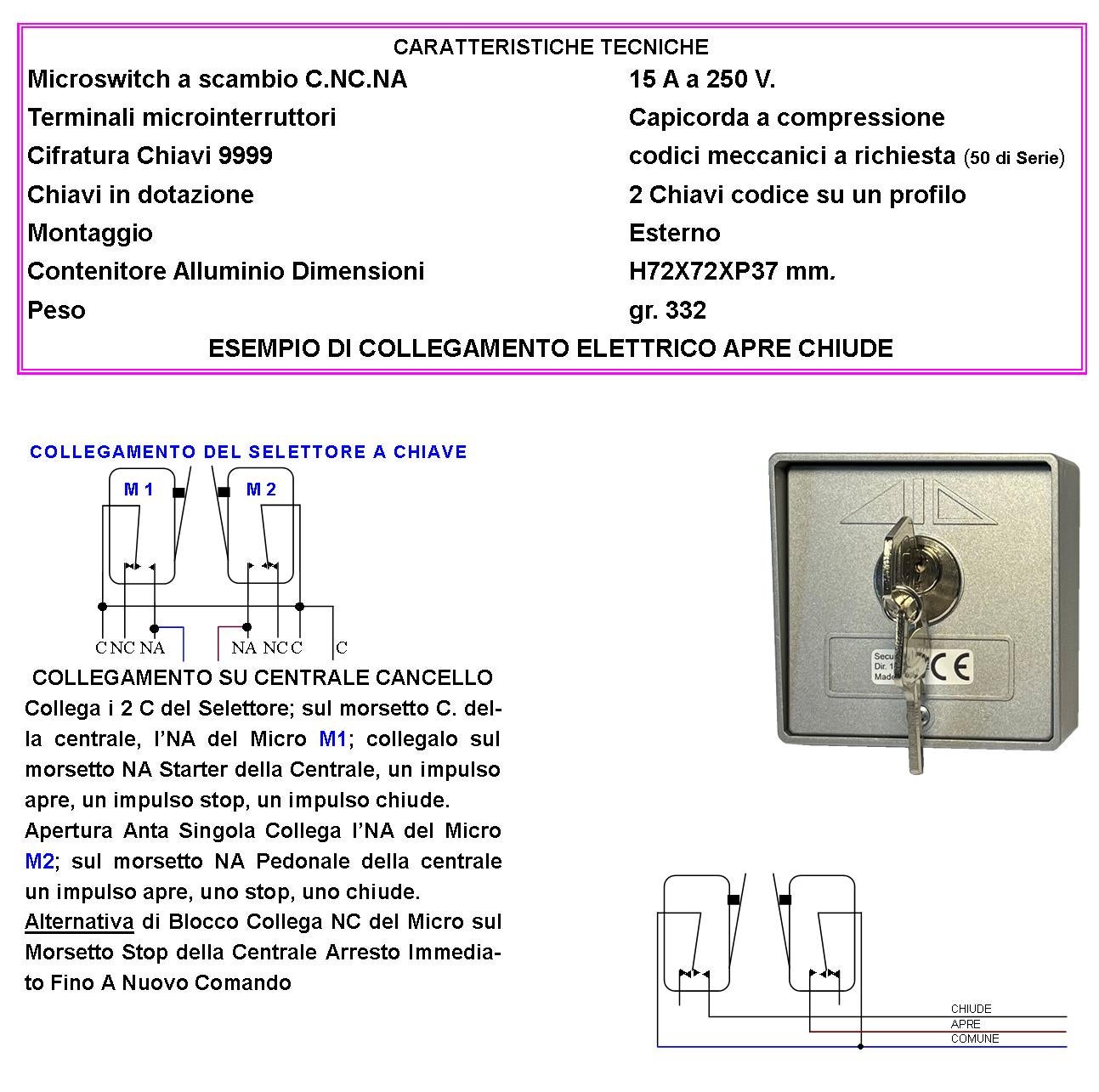 Interruttore Selettore in Alluminio con Ritorno a Molla 2 Pezzi 4 Chiavi Identiche 3 Posizioni Apre Stop Chiude Contatti 15A Isolamento 250 V Montaggi - 2