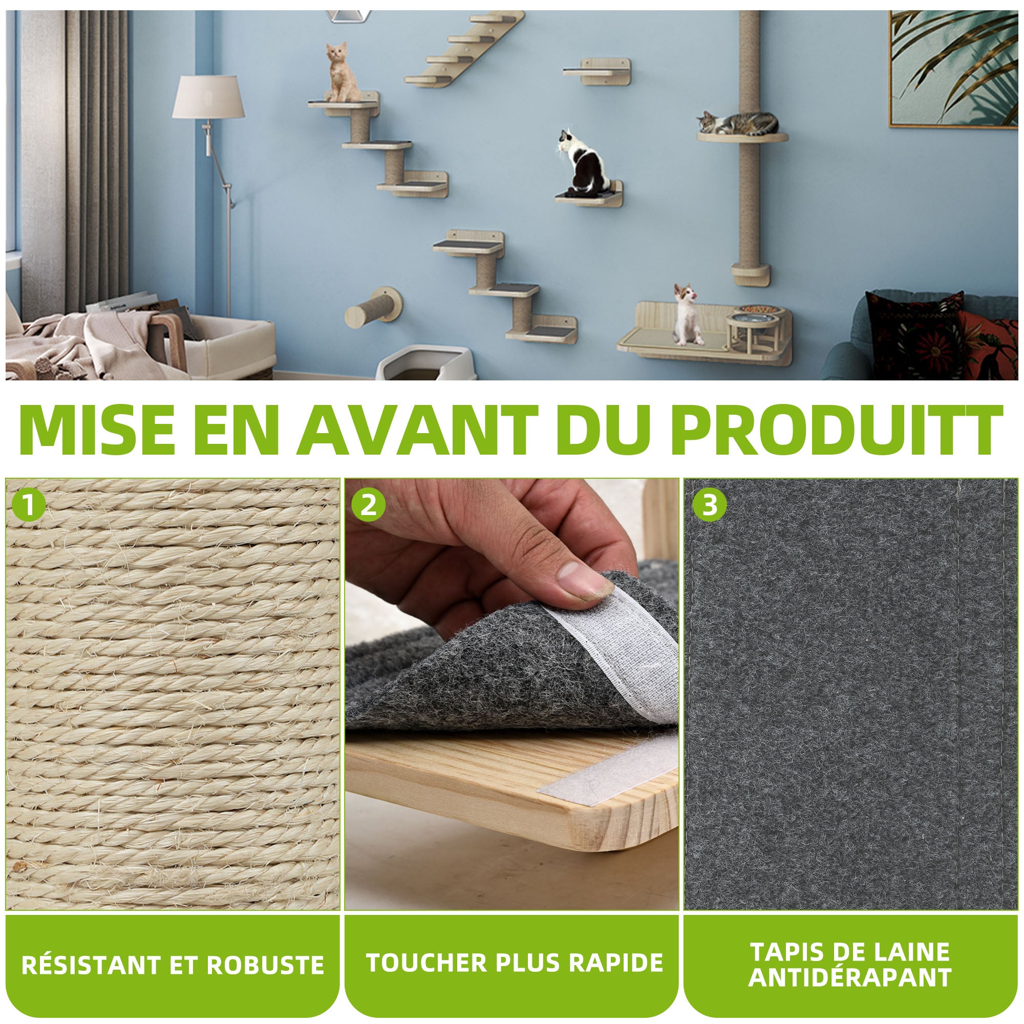 Balconera Ensemble de 8 murs d'escalade pour chats - 1 escalier, 2 plateformes et 2 échelles - Gris et chêne - 5