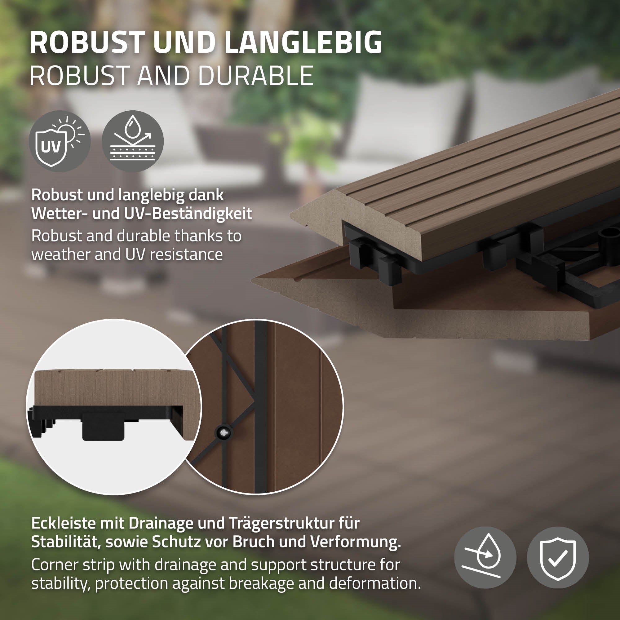 ML-Design listwa narożna lewa wpc ciemnobrązowa 38x2x7,5 cm profil drewnopodobny ryflowany z odpływem wzmocniona baza system klik obróbka krawędzi - 3