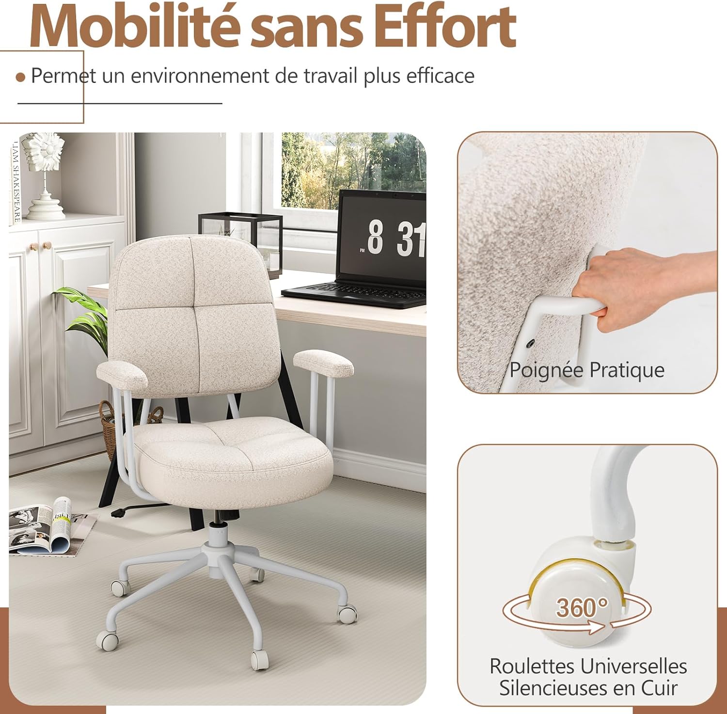 Sedia da Ufficio, con Schienale e Braccioli, Sedia Girevole Regolabile con Funzione a Dondolo e Ruote per Camera da Letto, Studio, Portata 150 - 8