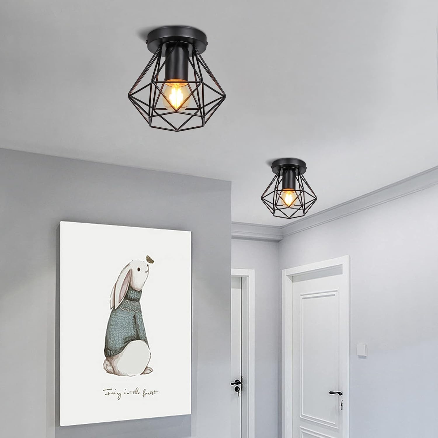 Plafonnier industrielle cage en métal fer forge, retro suspension luminaire lustre style vintage lampe de plafond, E27 base Ø16cm - Noir - 3