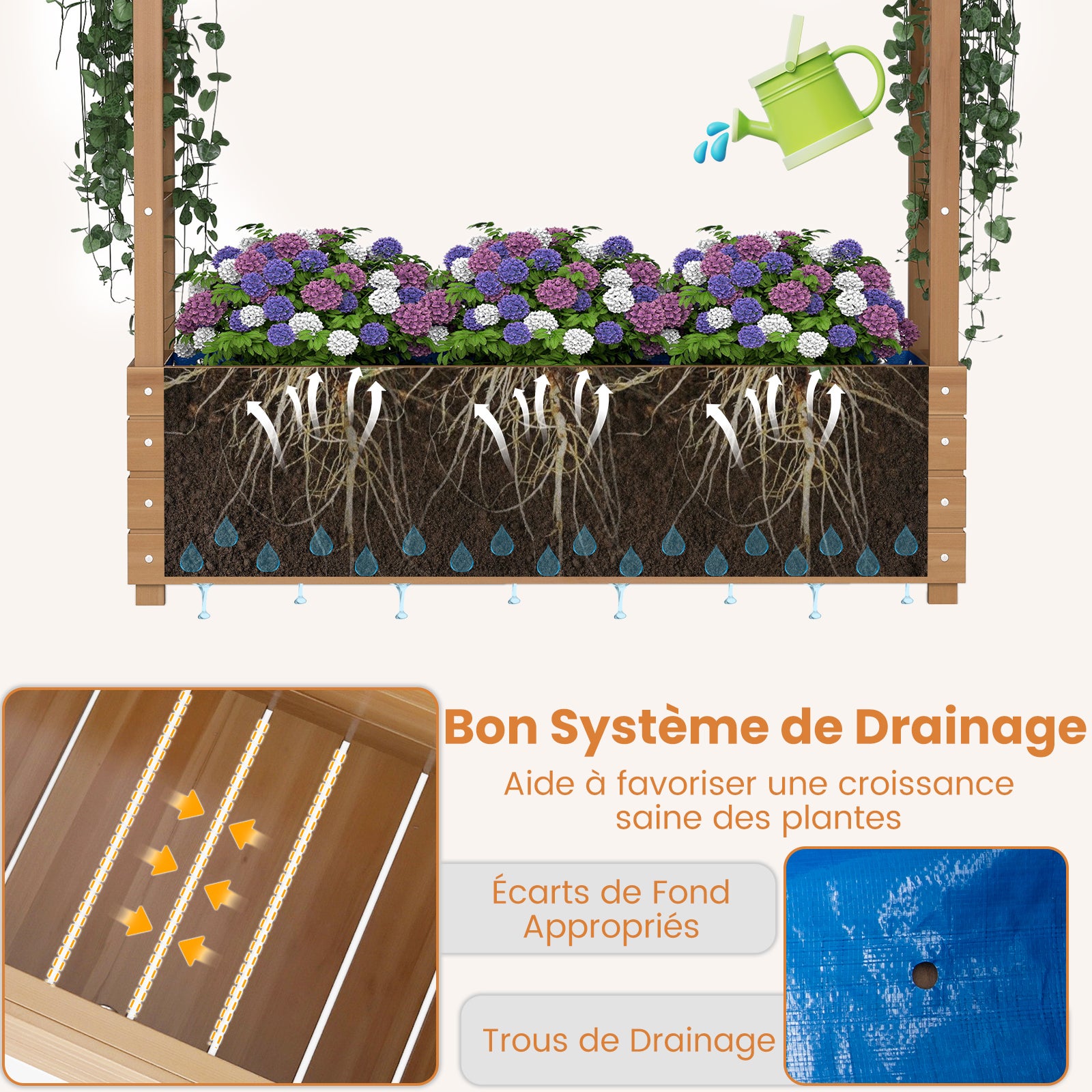 Jardinière avec 2 Treillis Latéraux Toit Suspendu en Bois, Lit de Jardin Surélevé Bac Inférieur pour Fleurs Légumes Plantes Grimpantes, pour Jardin - 4