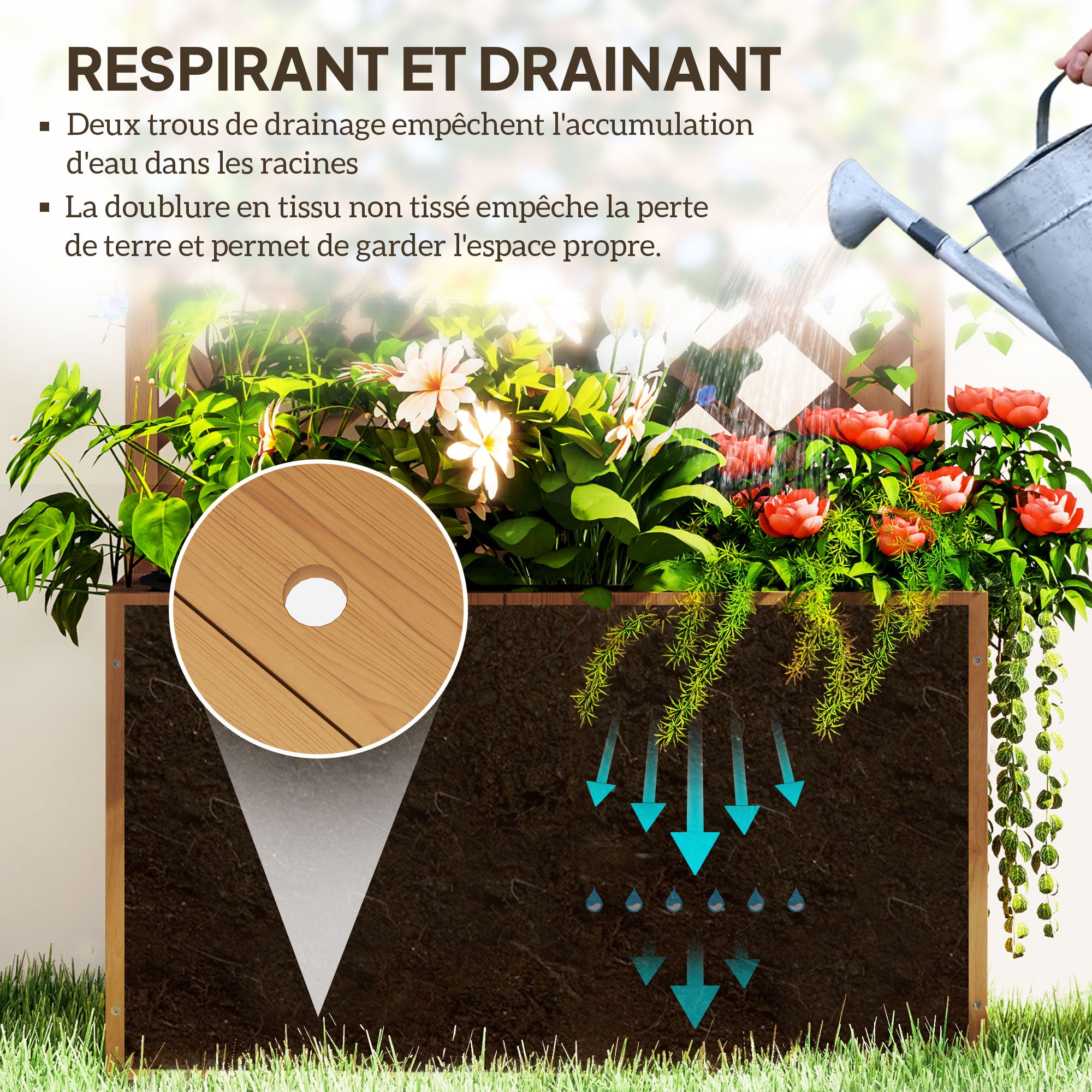 Jardinière avec treillis - Outsunny - trous de drainage et doublure - bois massif - 64 x 33 x 122 cm - bois naturel - 5