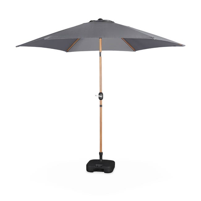 Parasol Droit Rond Ø3m Effet Bois - Ouverture Manivelle, Toile Professionnelle 240g/m² Résistante UV - Pour Terrasse, Jardin
