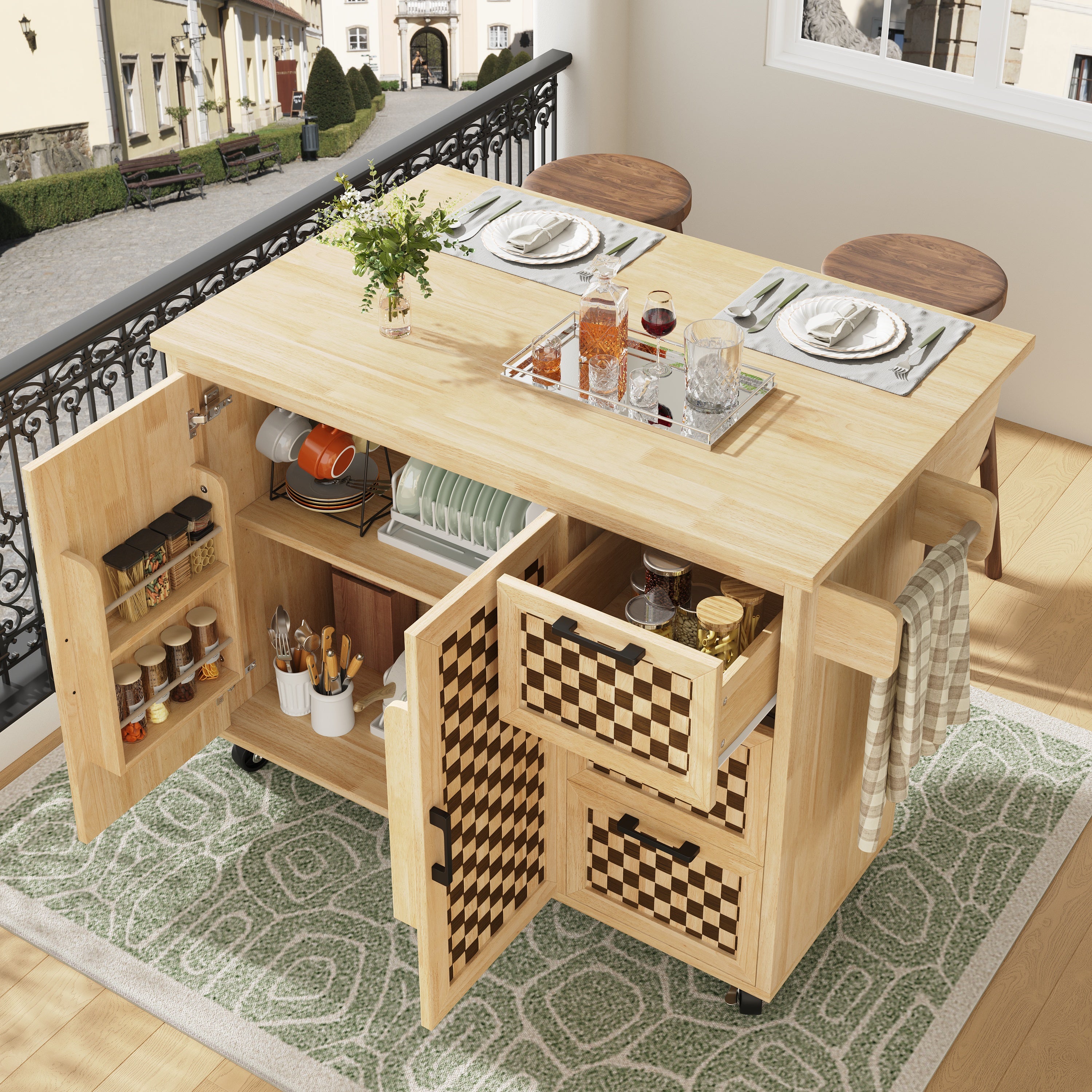 Îlot De Cuisine Rétractable Sur Roulettes – 120x73x93 Cm – Avec Tiroirs, Portes, Porte-serviettes Et étagères à épices – Noir