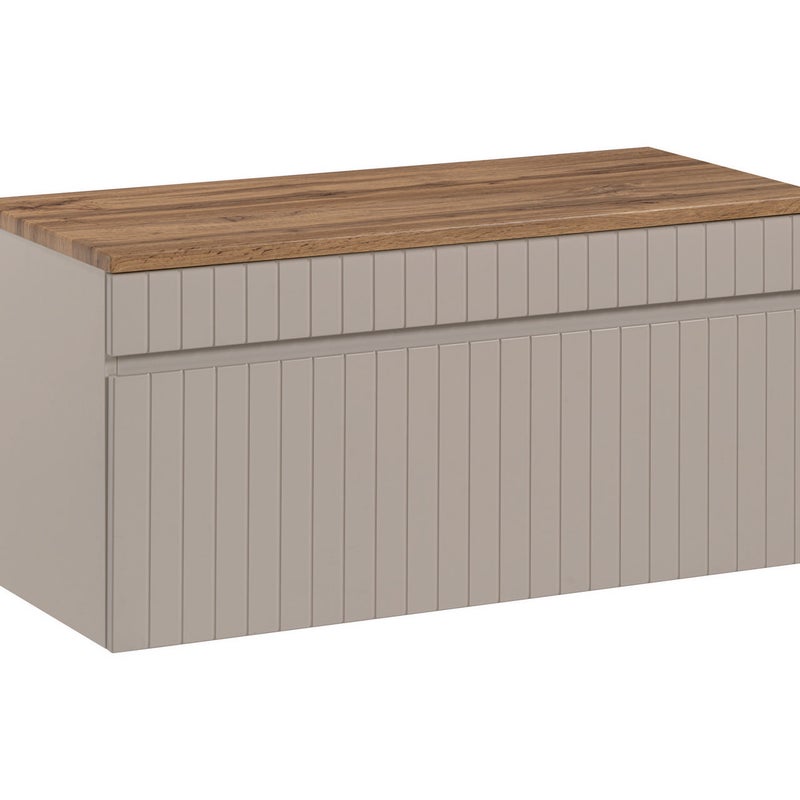 Szafka łazienkowa ICONIC CASHMERE 100 cm kaszmir wisząca frezowany front z blatem dąb