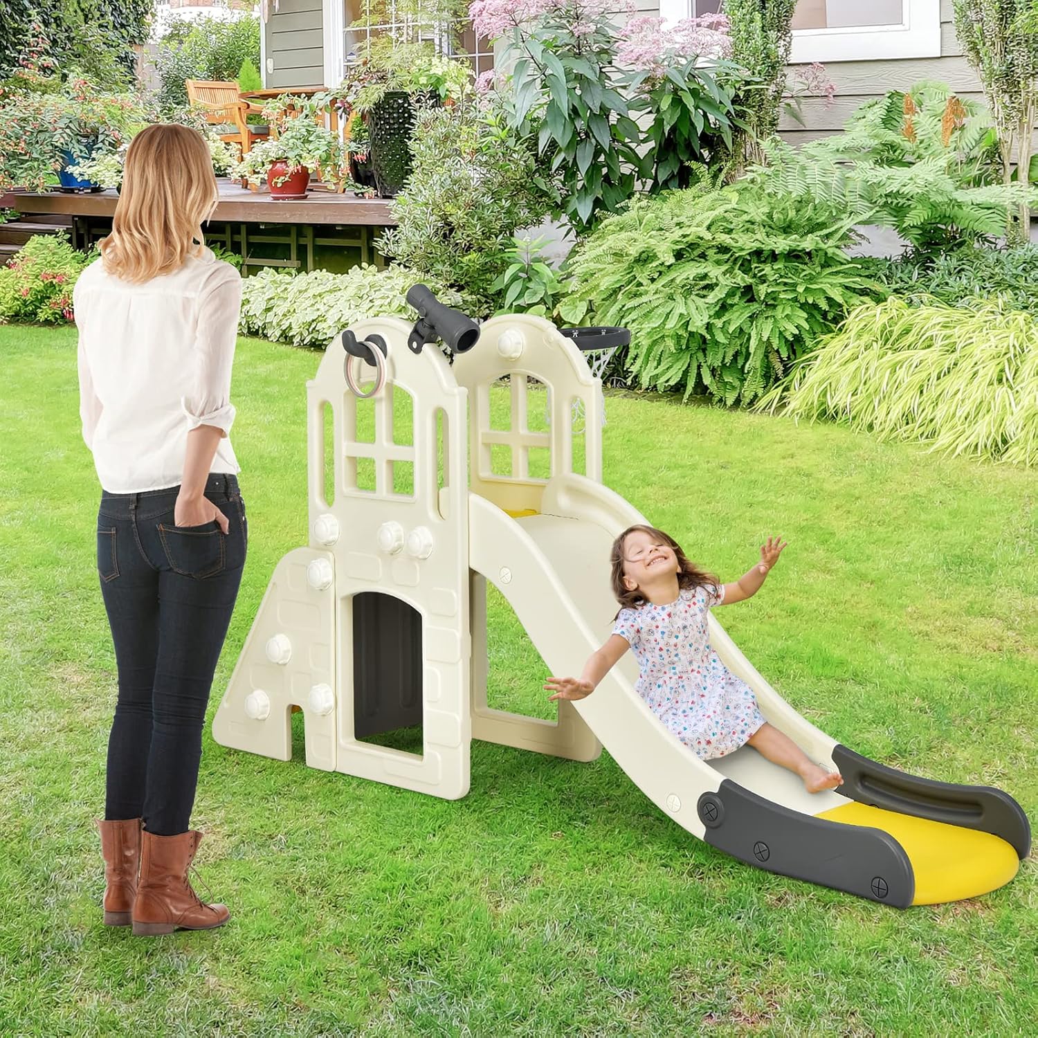 Toboggan 6 en 1 pour Enfant - Glisse de 140 CM,Aire de Jeux Extérieure 3-8 Ans, Jaune - 9