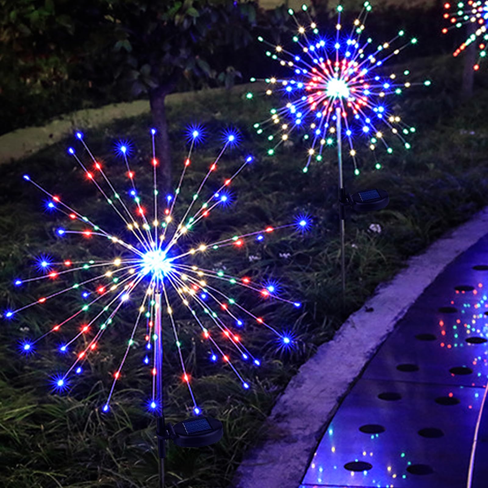 2 sztuczne ognie solarne ogrodowe, 150 LED, 8 trybów, wodoodporne, regulowana wysokość, ciepłe i wielokolorowe światło, dekoracja zewnętrzna na taras