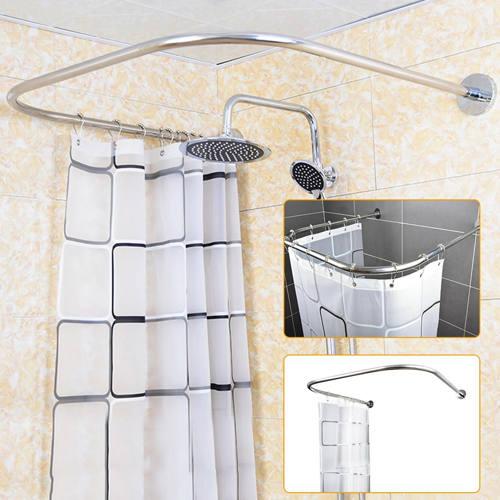 9PCMeuble salle de bain Ensemble Barre de Rideau de Douche en U en Acier Inoxydable,Pôle de Douche pour Toilettes et Salle de Bain en Acier Inoxydable - 2