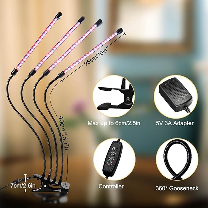 Lampy do uprawy roślin w pomieszczeniach, 4 głowice o pełnym spektrum, elastyczna szyjka 360° z 10 regulowanymi poziomami intensywności i 3 trybami o - 5