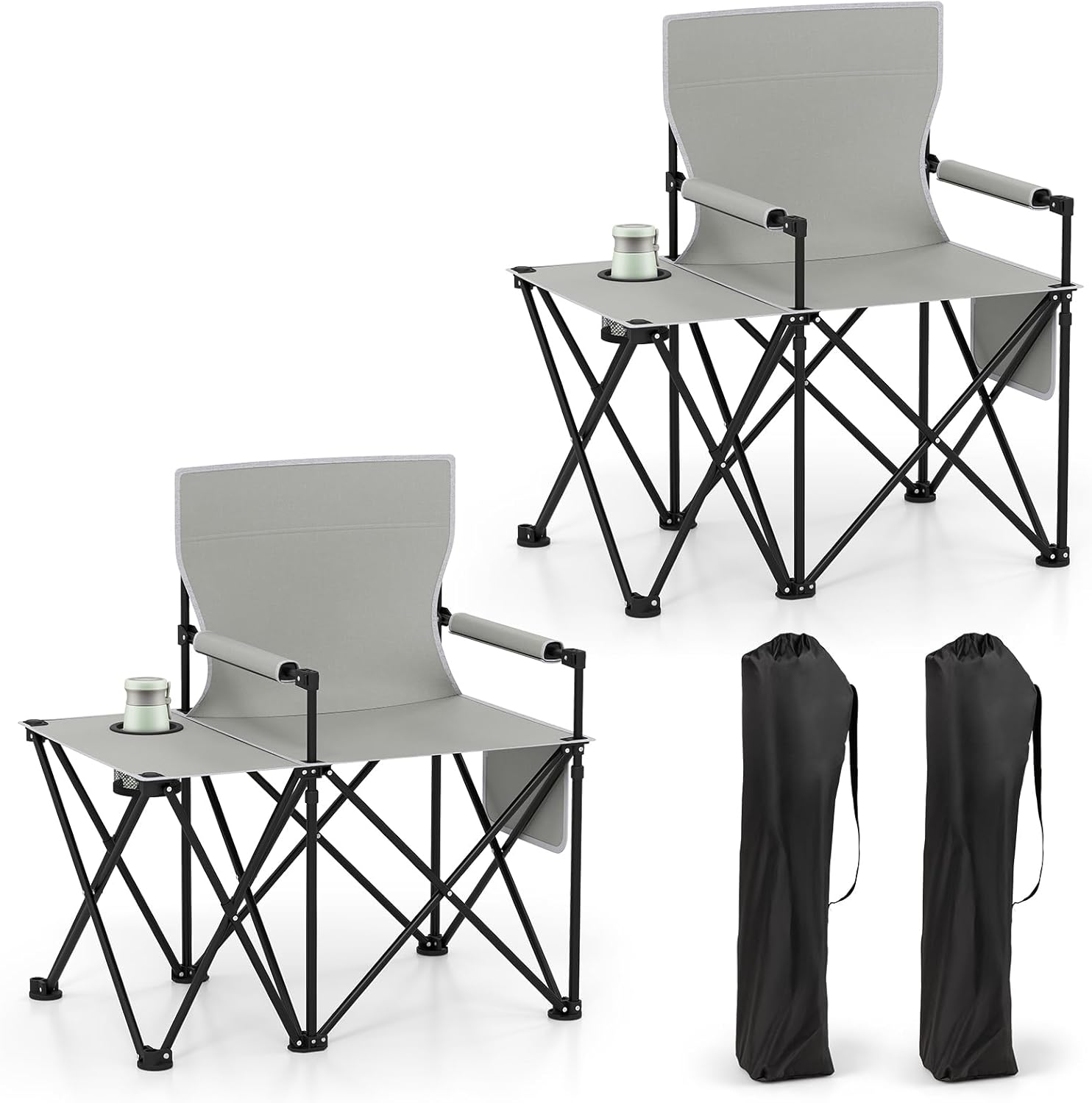 Zestaw 2 Krzeseł Kempingowych ze Stolikiem, Składane Krzesło Plażowe z Uchwytem na Kubek, do Przechowywania, Ultralekkie, Nośność 150 kg (Szare)