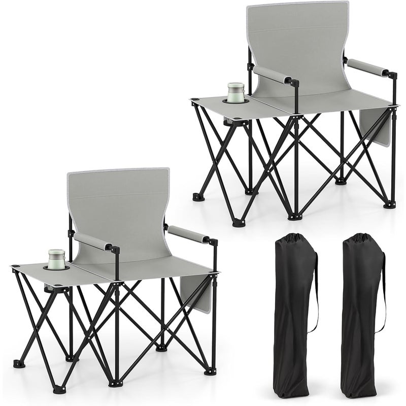 Zestaw 2 Krzeseł Kempingowych ze Stolikiem, Składane Krzesło Plażowe z Uchwytem na Kubek, do Przechowywania, Ultralekkie, Nośność 150 kg (Szare)