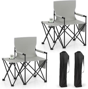 Chaises Camping Pliantes Avec Table - 2 Chaises + Sac - Porte-gobelet, Poches De Rangement - Charge 150 Kg - Gris