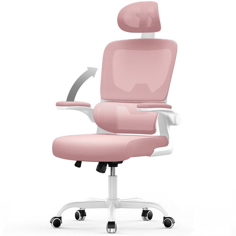 Ergonomiczny fotel biurowy - Fotel RATTANTREE - z podłokietnikiem składanym pod kątem 90° - Podparcie lędźwiowe - Regulowana wysokość Różowy
