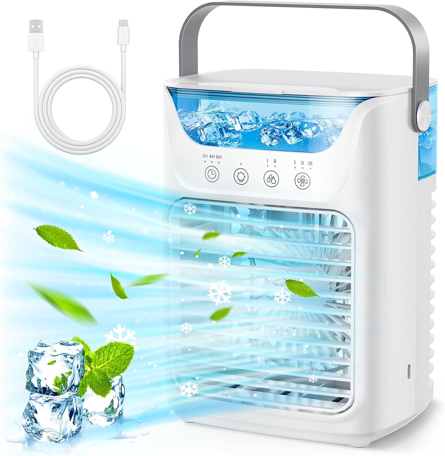 Przenośny klimatyzator, wentylator chłodzący 4 w 1 do biurka, pojemność 700 ml, z 7-kolorowym światłem nocnym, do użytku domowego