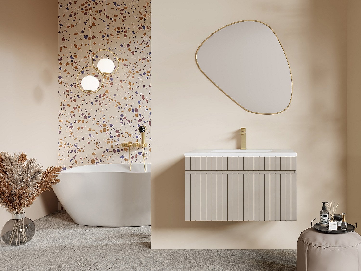 Wisząca szafka łazienkowa prążkowana beżowa z umywalką podblatową do zabudowy – 80 cm – SATARA