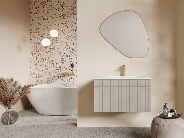 Meuble sous vasque suspendu strié beige - 80 cm - SATARA