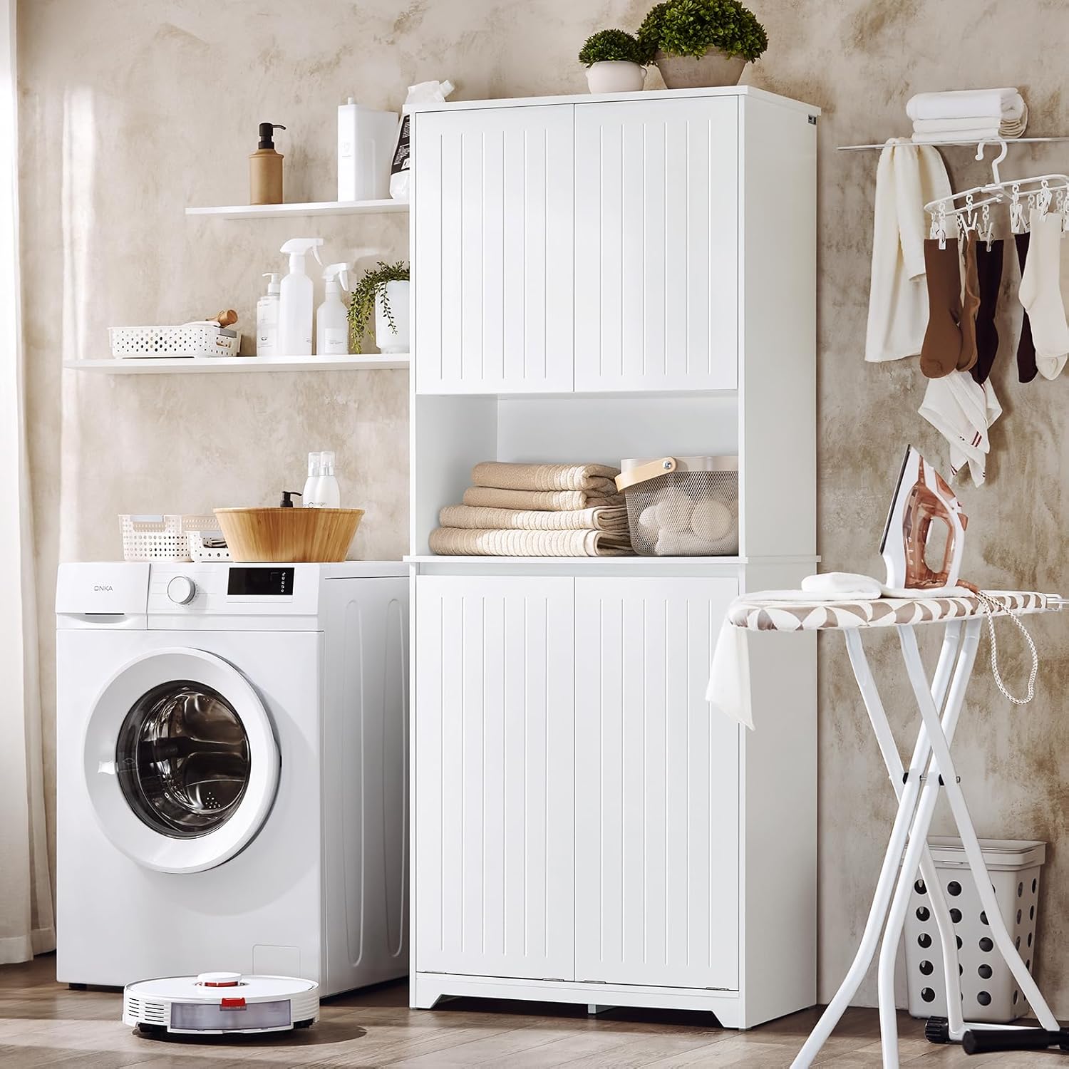 SoBuy Armoire de Salle de Bain Haute avec Sac à Linge, Colonne Meuble Salle de Bain avec Portes, 2 Paniers à Linge Amovibles, Blanc, BZR150-W - 2