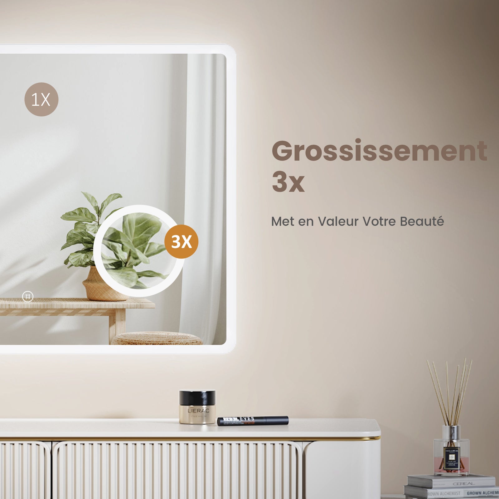 EMKE Miroir lumineux salle de bain 100x60cm, Miroir LED avec Interrupteur Tactile, 3x Grossissement, Miroir avec éclairage Lumière Blanche Froide - 3