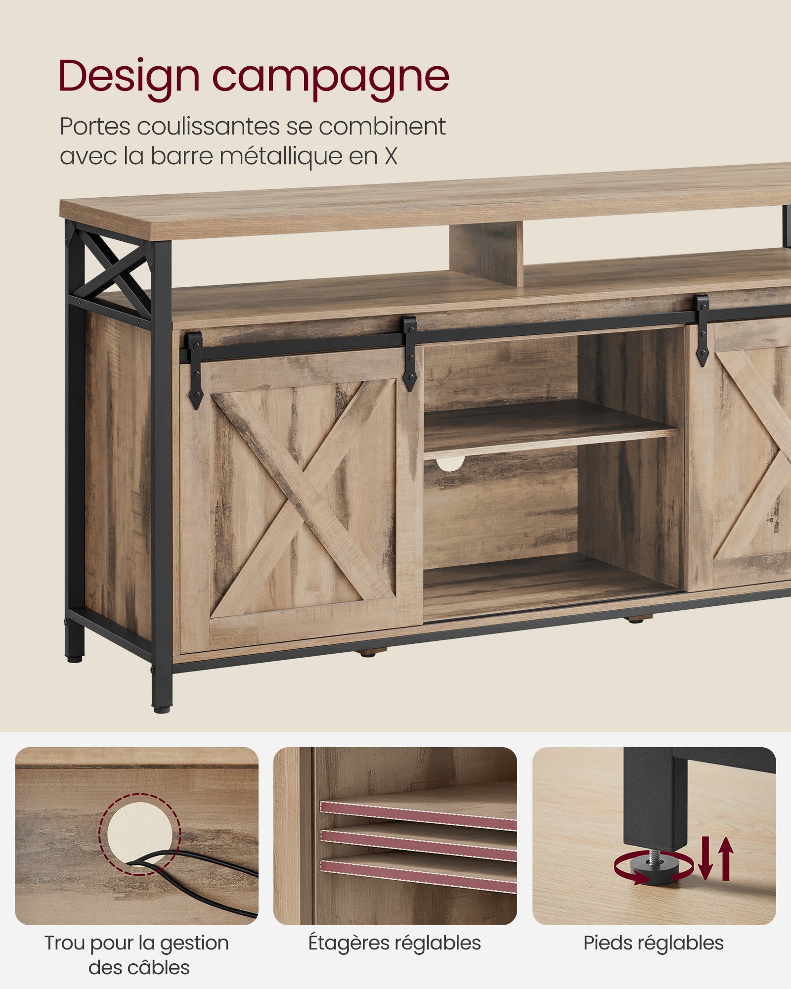 Meuble TV, avec Étagères Réglables, Portes Imitation Grange, Style Rustique, Cadre en Métal, Marron Camel et Noir Simple - 6