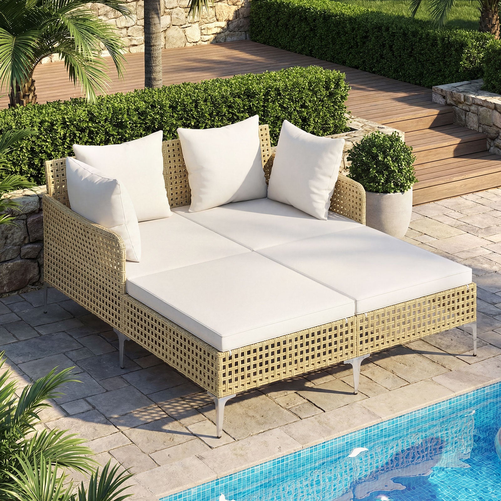 Cama de Dia Dupla em Rattan para Exterior, Espreguiçadeira de Vime para 2 Pessoas com Almofadas de Assento e Encosto, Banco de Sol com Suporte - 8