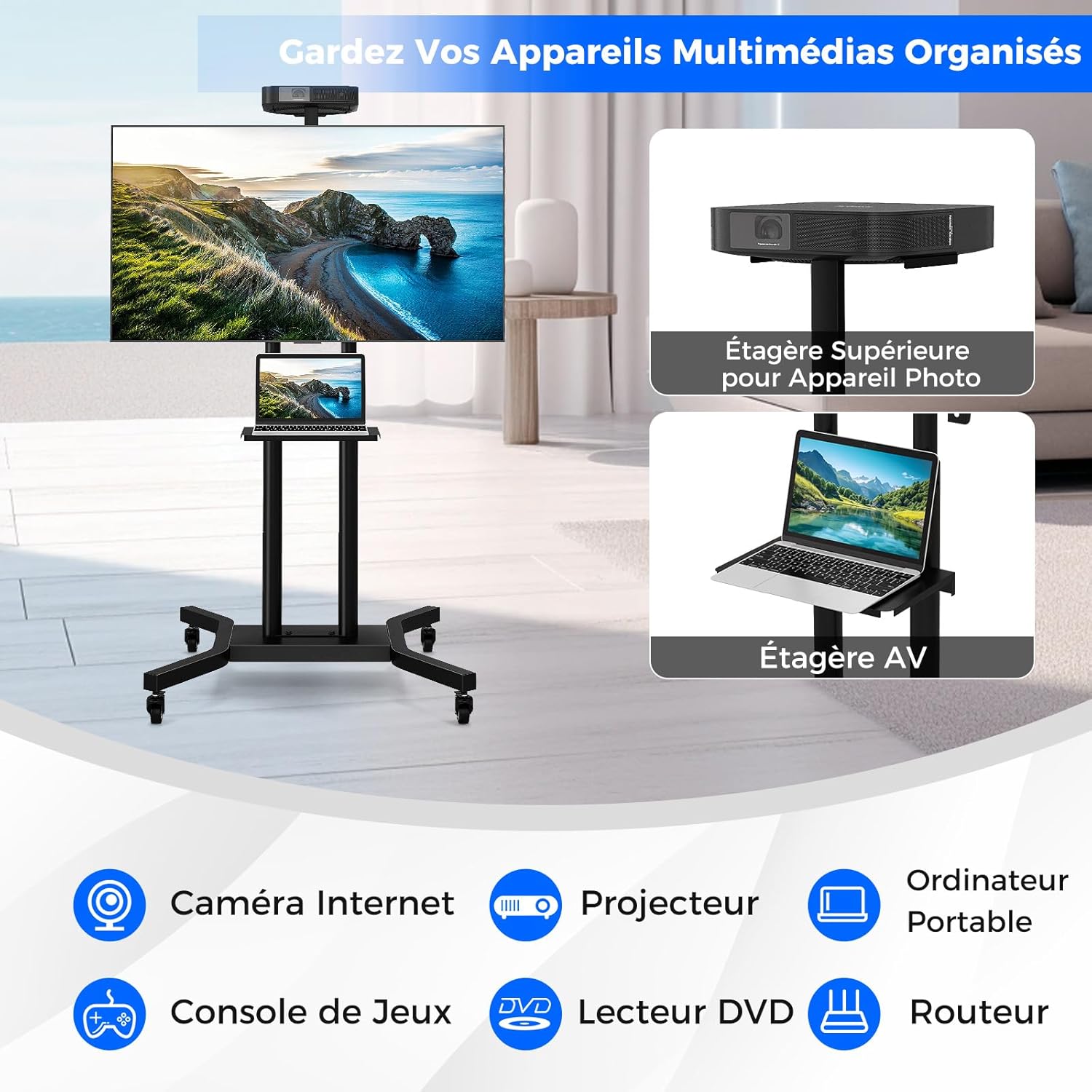 Support TV à roulettes, Support TV sur Pieds en Hauteur Réglable pour Écrans Plats Incurvés 81 à 178cm, Chariot TV Base en H - 7
