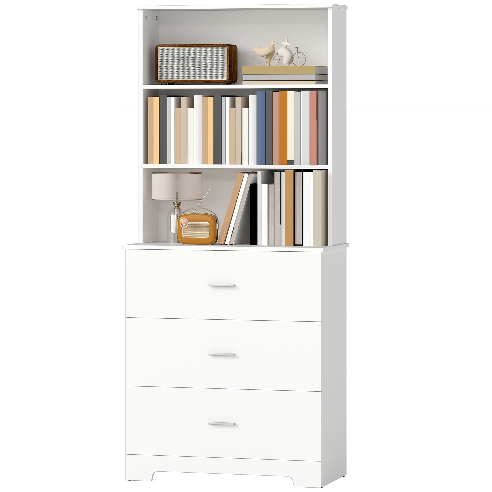 Bibliothèque, armoire haute, vitrine, avec 3 tiroirs et 3 étagères ouvertes. 79 x 39,5 x 180 cm. Blanche. - 2