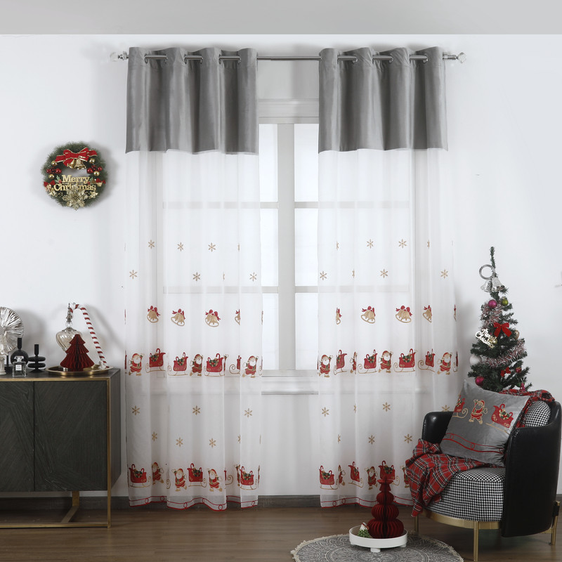 Cortina de navidad con estampado de papá noel gris 140*260cm-individual