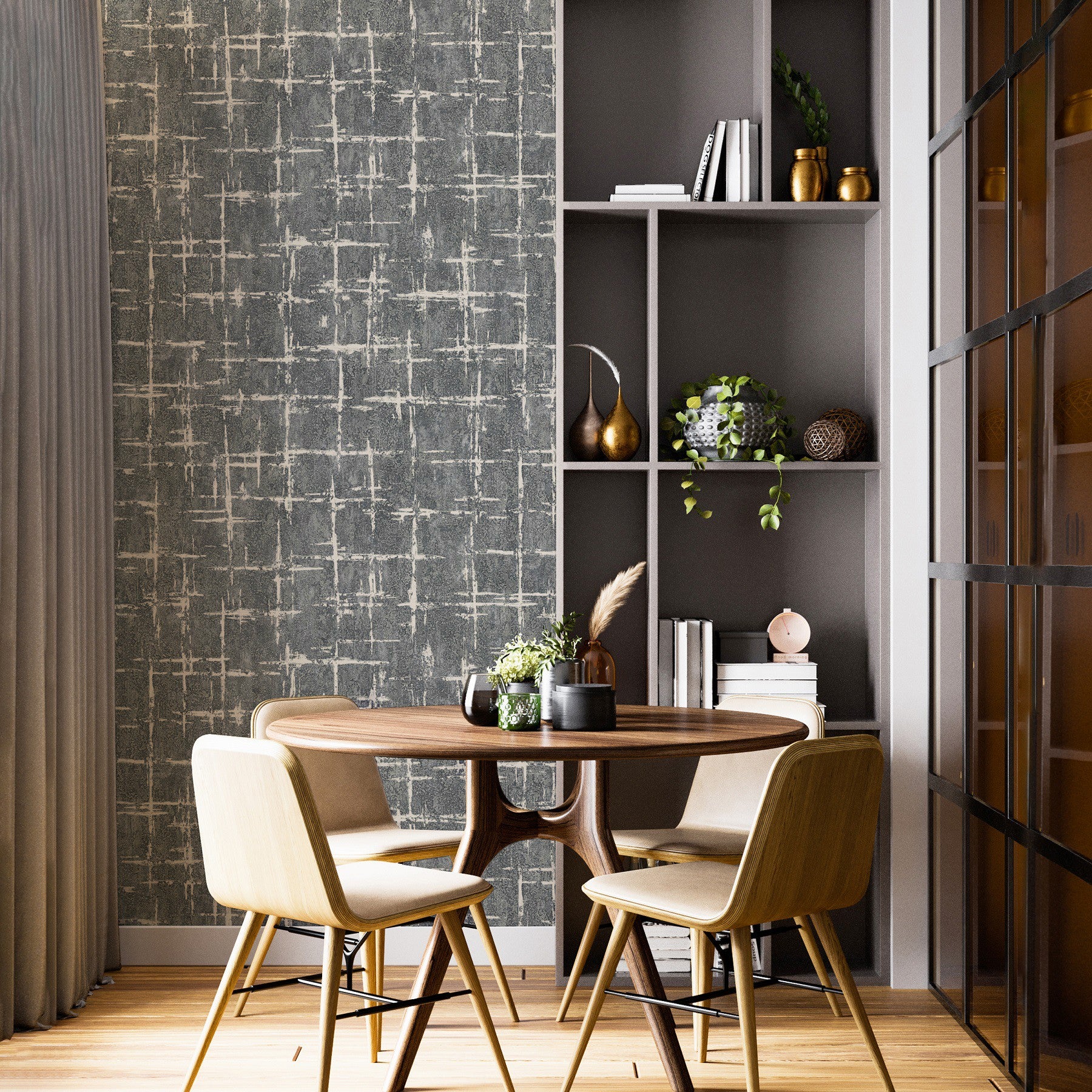 Muestra din a4 de papel pintado vinílico moderno gris oscuro con textura y toques metalizados - moma lines 679148 de gaulan