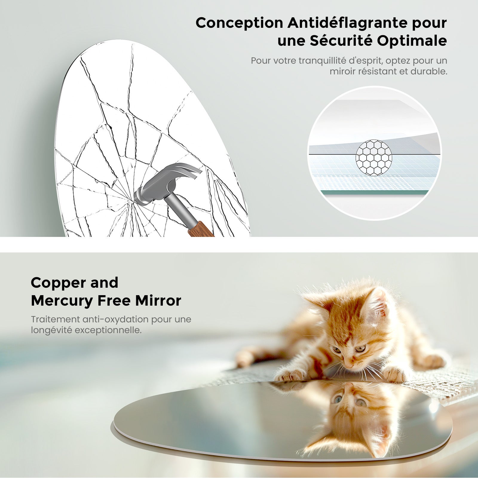 Miroir asymétrique sans cadre 60 × 45 cm, miroir mural anti-humidité pour salle de bains, bords polis, installation verticale ou horizontale - 3
