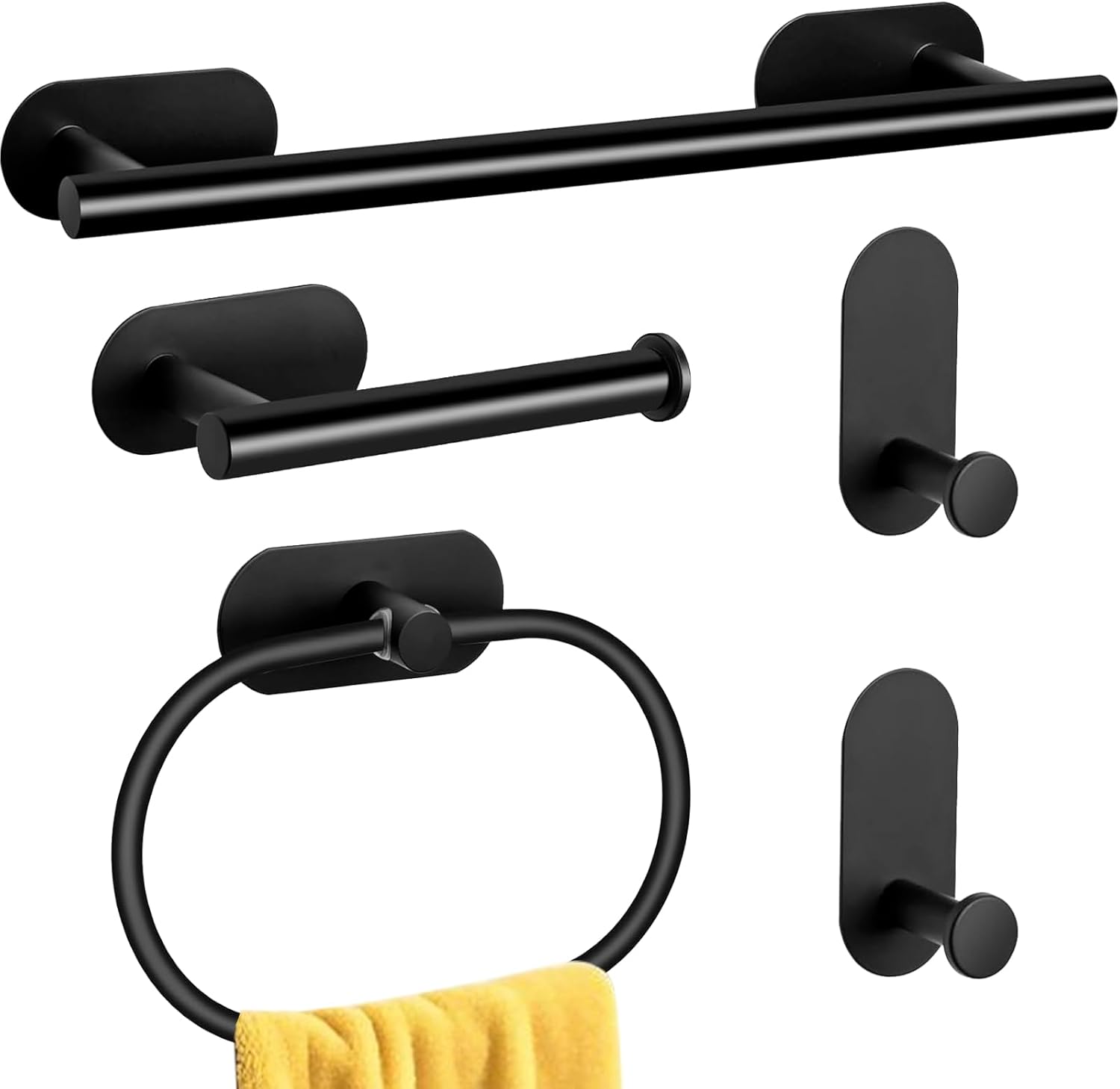 Zestaw wieszaków na ręczniki łazienkowe ze stali nierdzewnej, samoprzylepne haczyki i uchwyt na papier toaletowy (czarny, 5 sztuk)