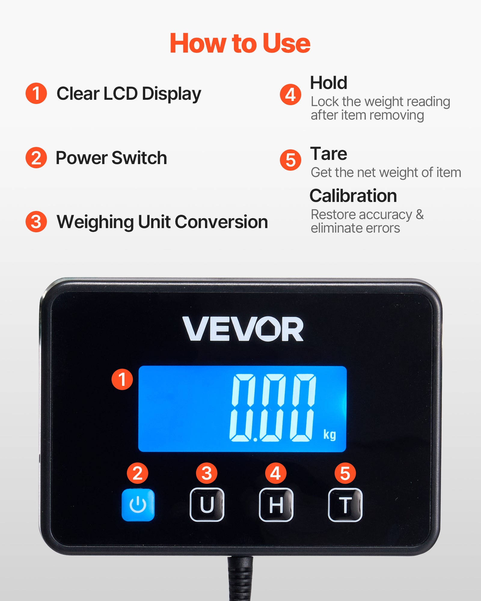Balance Postale Numérique VEVOR 200 kg Pèse-colis Double Précision 0-20 kg (10 g) et 20-200 kg (100 g), avec Fonction de Maintien Tare, Écran LCD - 6