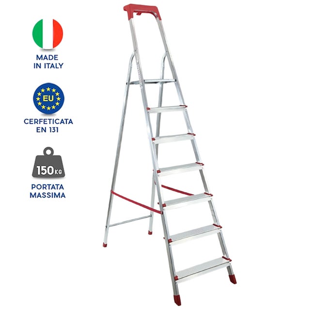 Scala Domestica in Alluminio Martina 7 Gradini Leggera Portatile Scaletto con Vaschetta Portaoggetti Pieghevole Robusta Salvaspazio portata 150kg