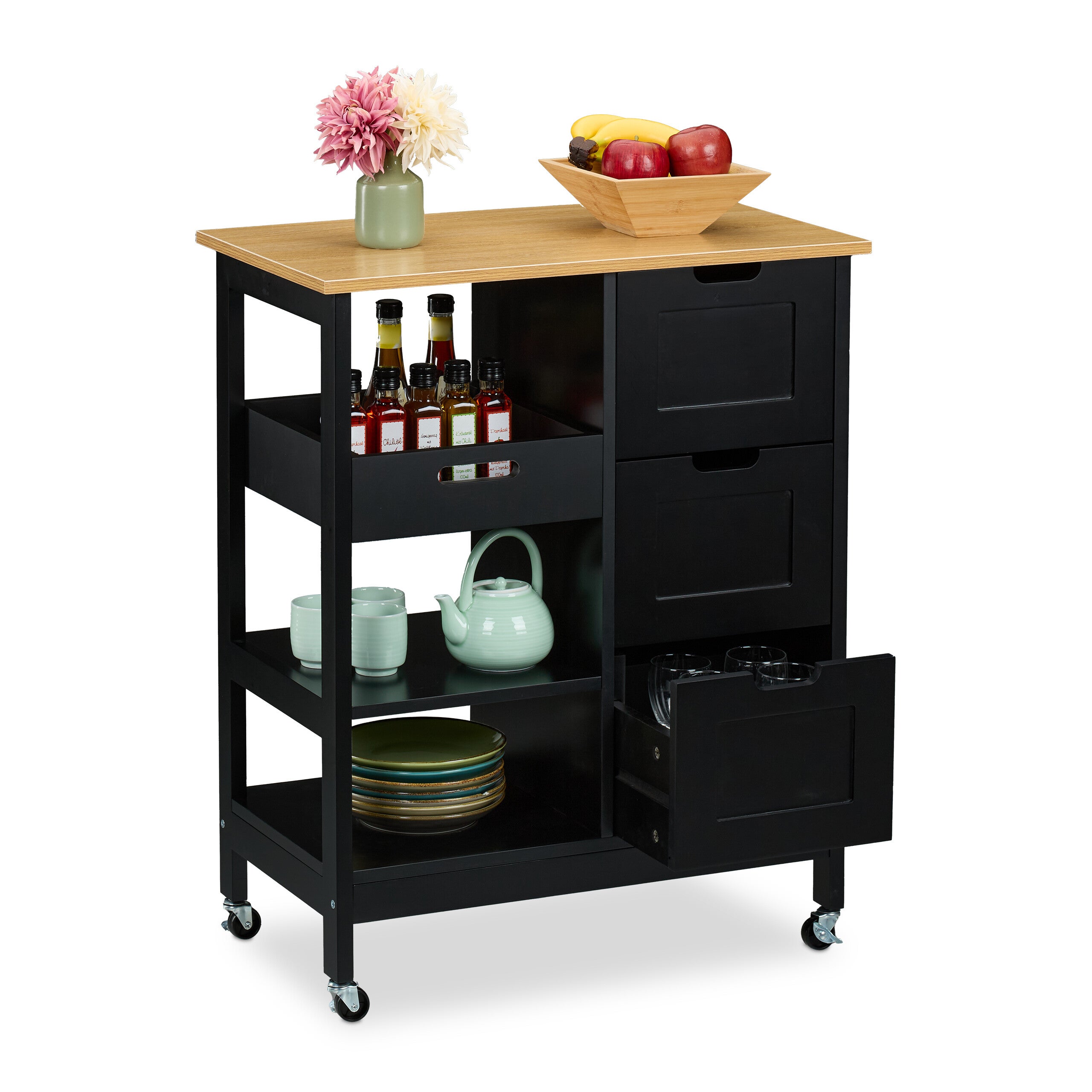 Carro auxiliar cocina, encimera, 3 cajones y 3 compartimentos, 85 x 68,5 x 38,5 cm, isla con ruedas, negro, relaxdays