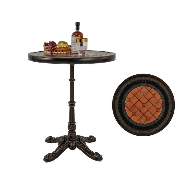 Table de Jardin Ronde en Fonte d'Aluminium, Texture Ardoise Patchwork, Table de Patio, Charge de 50 kg, Tables Basses de Jardin avec Support à 4 Pied