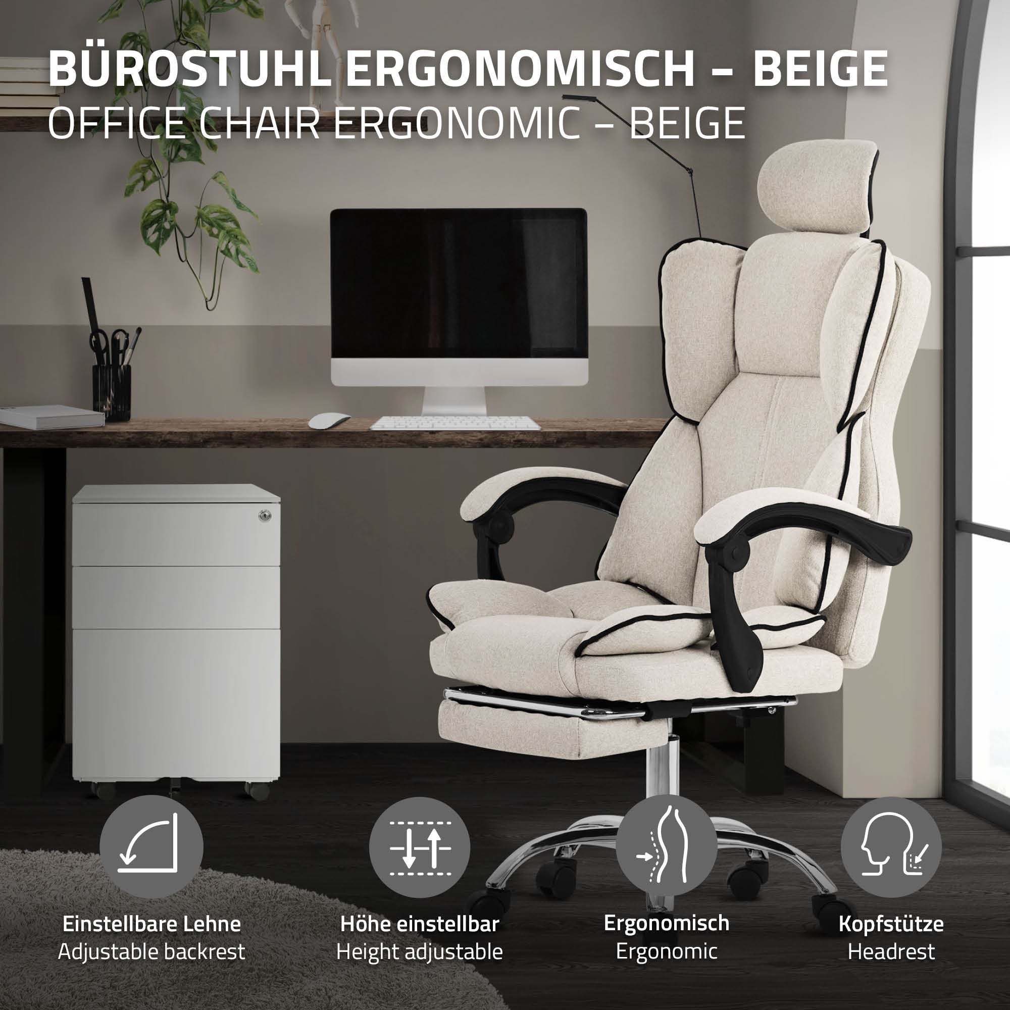 ML-Design chaise de bureau ergonomique, beige, chaise de bureau réglable en hauteur avec dossier haut, chaise pivotante avec repose-pieds - 2