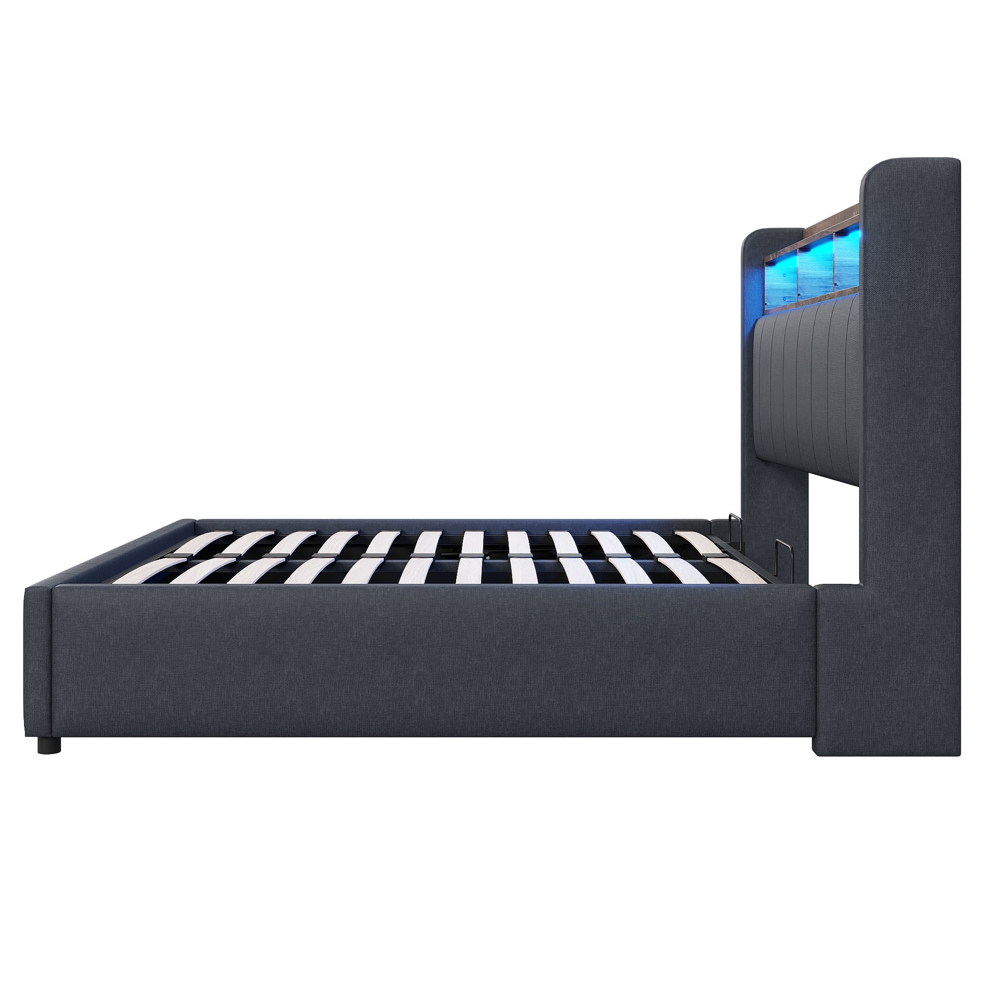 Cama con canapé 140x200 cm con LED, USB y cabecero con almacenamiento, lino gris, sin colchón - 6