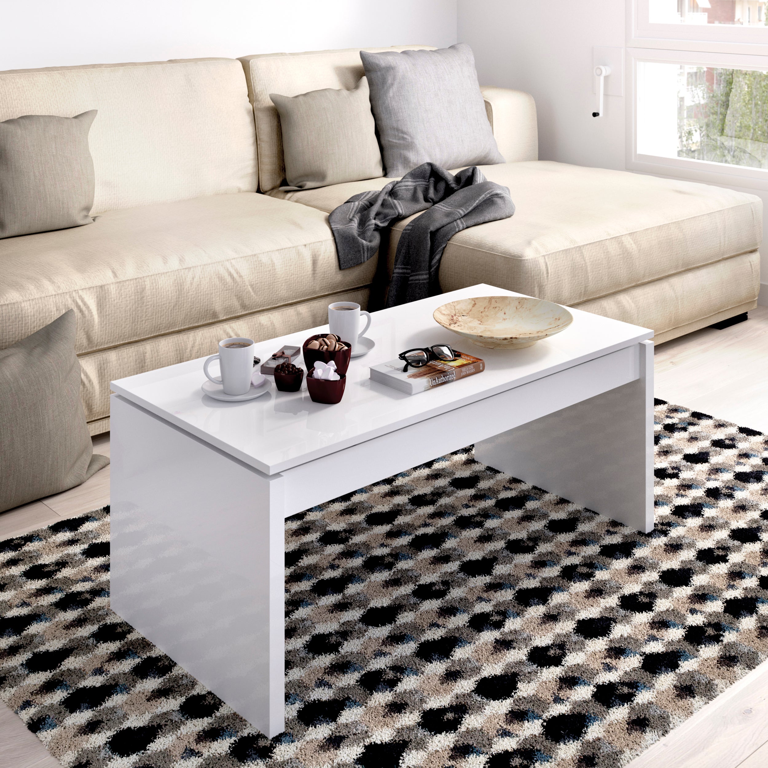 Table basse BASTIAN - Plateau relevable - Coloris blanc - 7