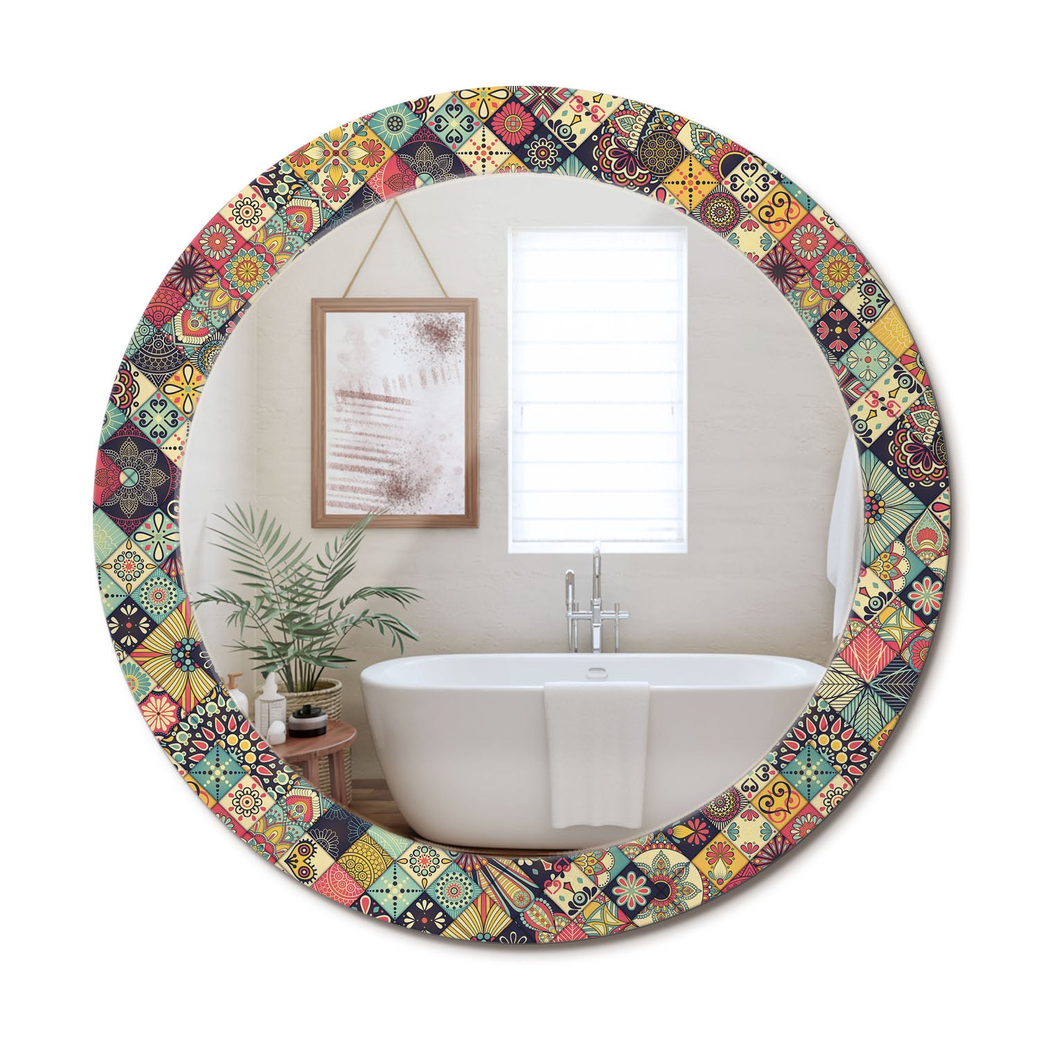 Espejo redondo decorativo con marco de vidrio templado e impresión moderna patchwork de azulejos - 70 cm - artprintcave