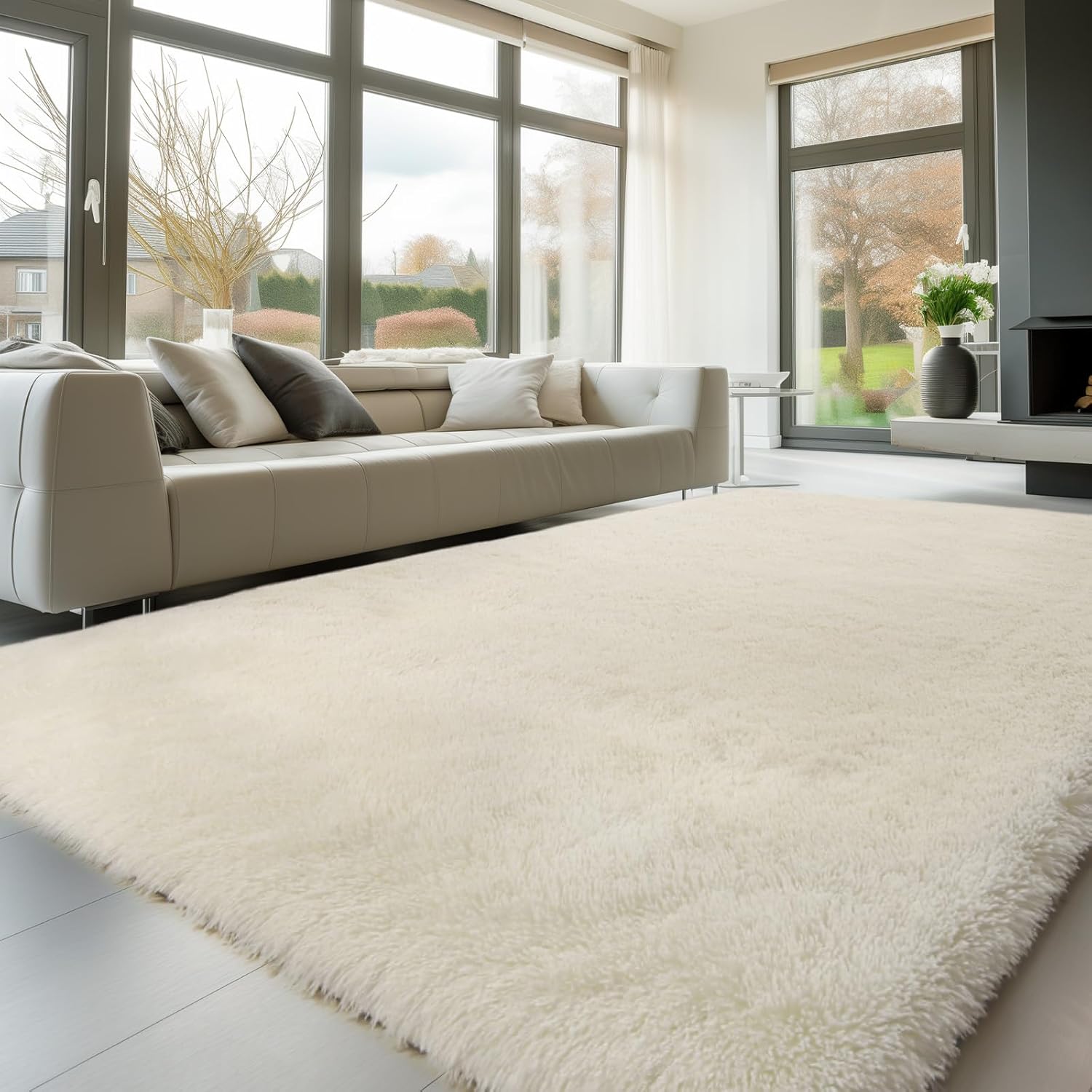 Tapis à poils longs doux et moelleux, adapté aux chambres et aux salons, lavable, antidérapant, style doux et moderne, beige, 180*200 cm. - 6