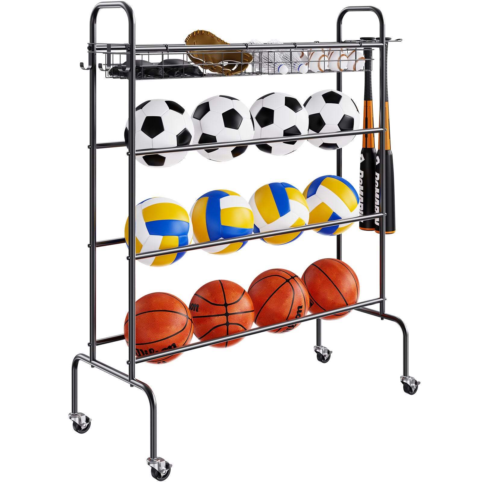 VEVOR 4 Layer Ball Rack, Basketball Rack on Wheels, Sports Equipment ...