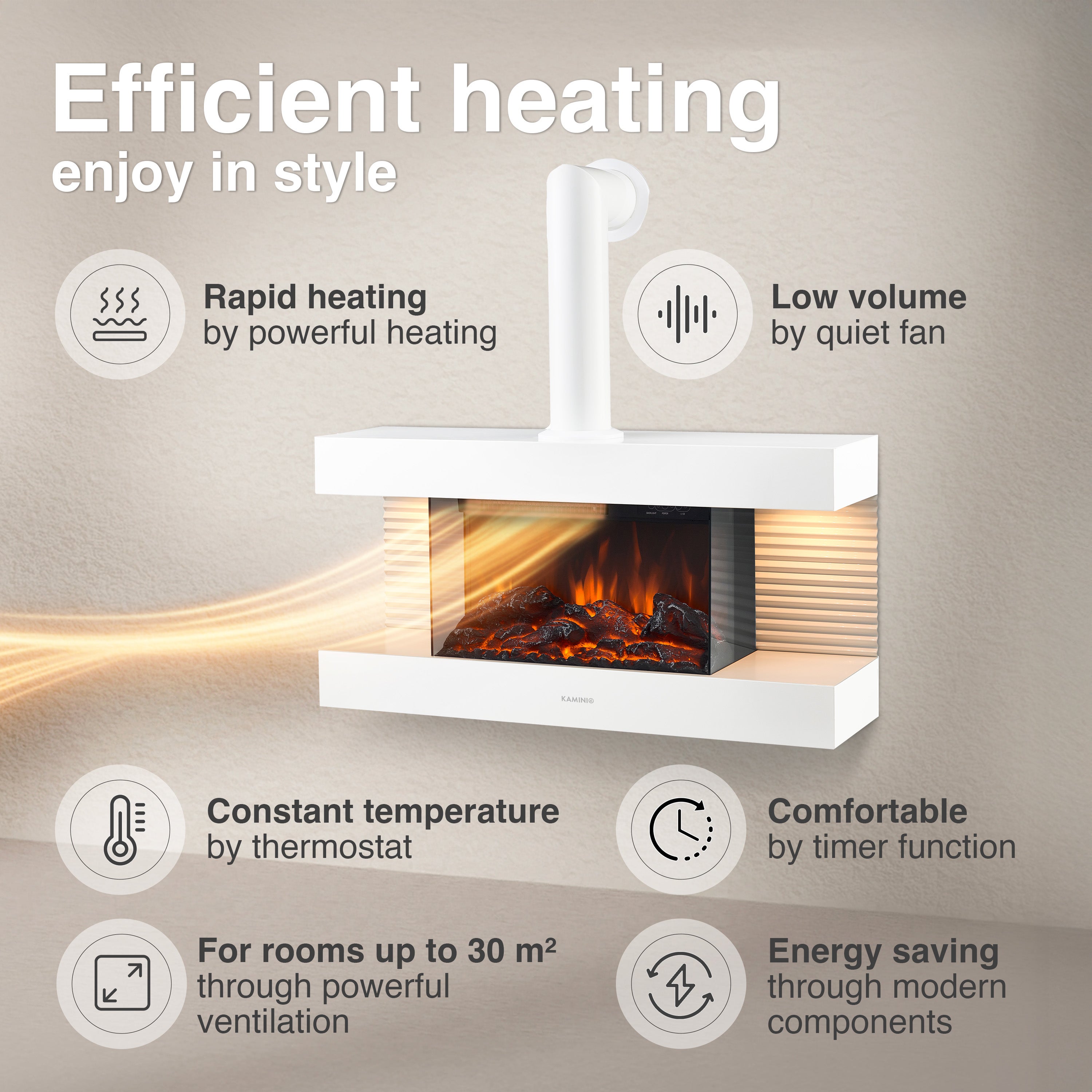 KAMINIO Chimenea eléctrica LIZ con tubo de chimenea - Chimenea de pared con calefacción, llama 3D, luz ambiental, control remoto - Blanco - 4