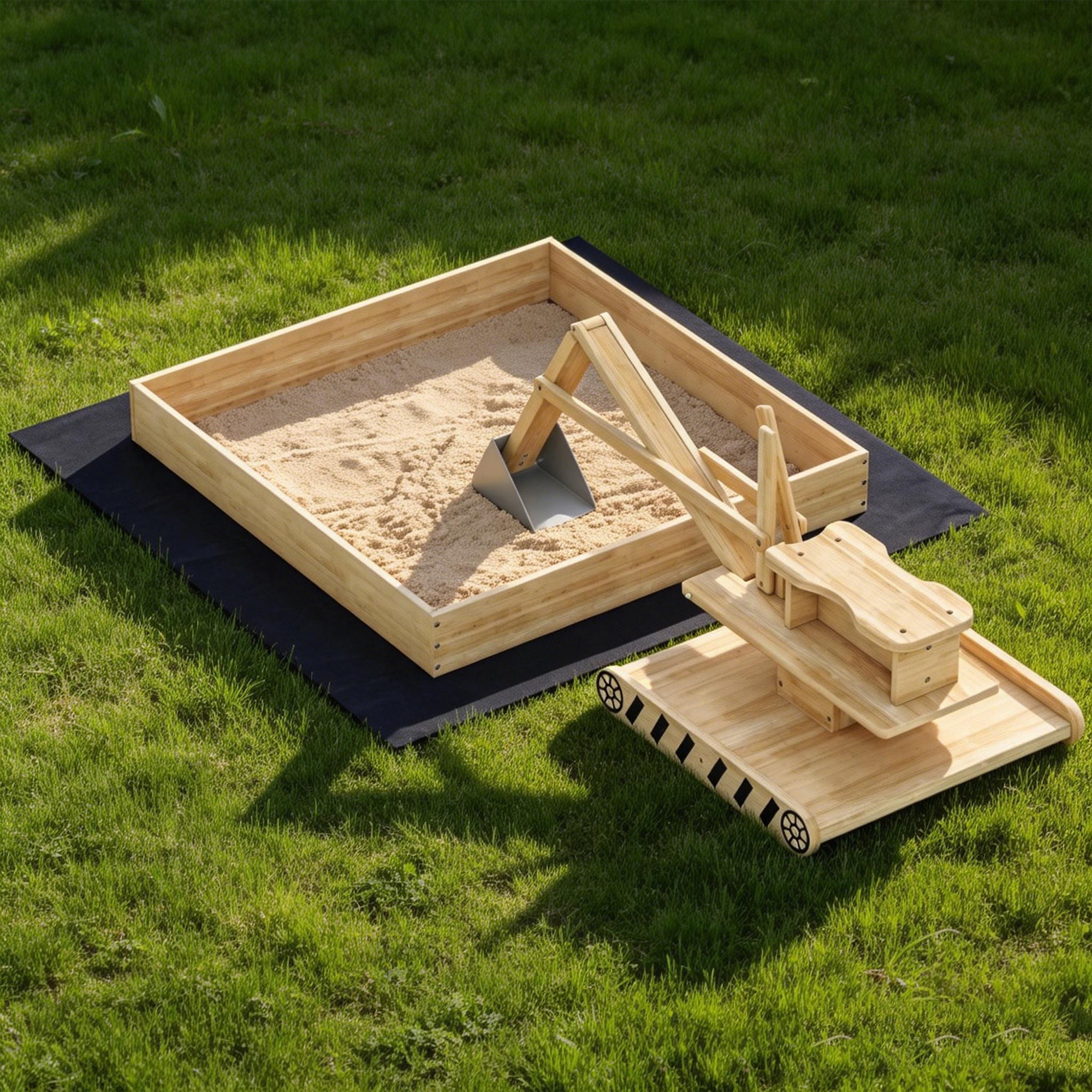 Bac à sable bois enfants 184x90x56cm avec pelle excavation, siège rotatif 360° et doublure, naturel - 4