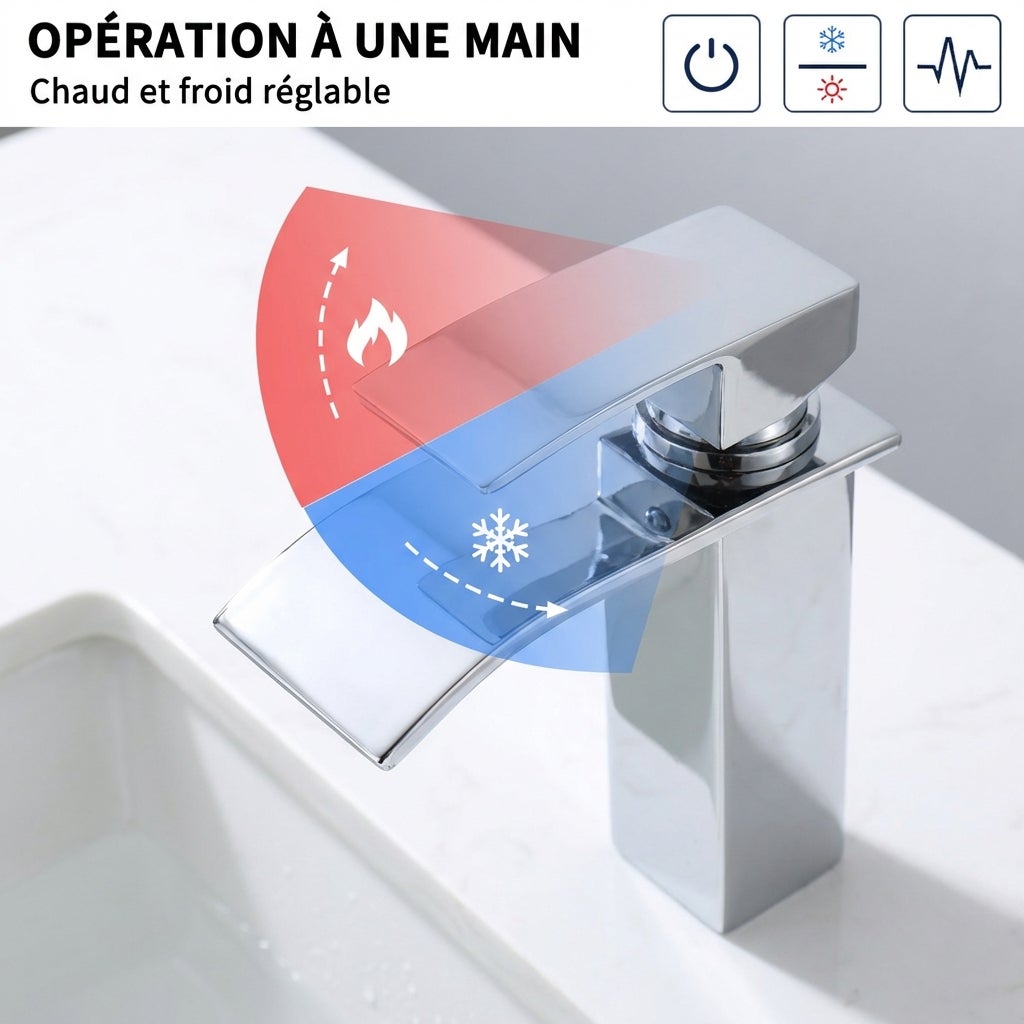 Mitigeur de Lavabo Chromé en Laiton avec Levier Unique, Robinet Salle de Bain Cascade Eau Chaude et Froide pour Lave-Mains - 2