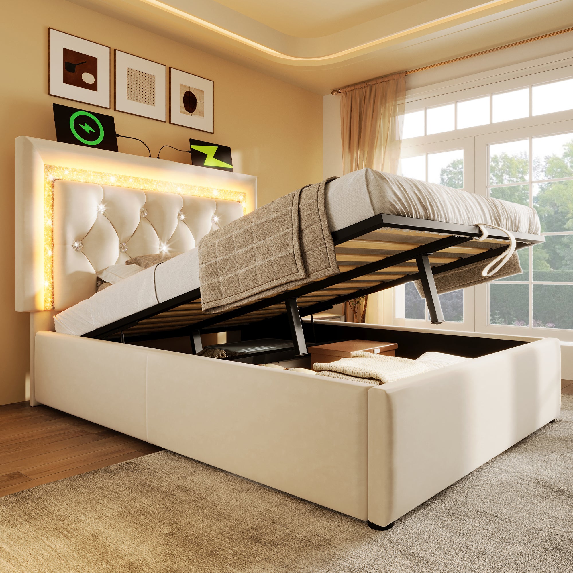 Łóżko z pojemnikiem na pościel 90 x 200 cm i zagłówkiem - Tkanina aksamitna - Diody LED - Porty USB i typu C - Beżowe (Materac w zestawie) - 5
