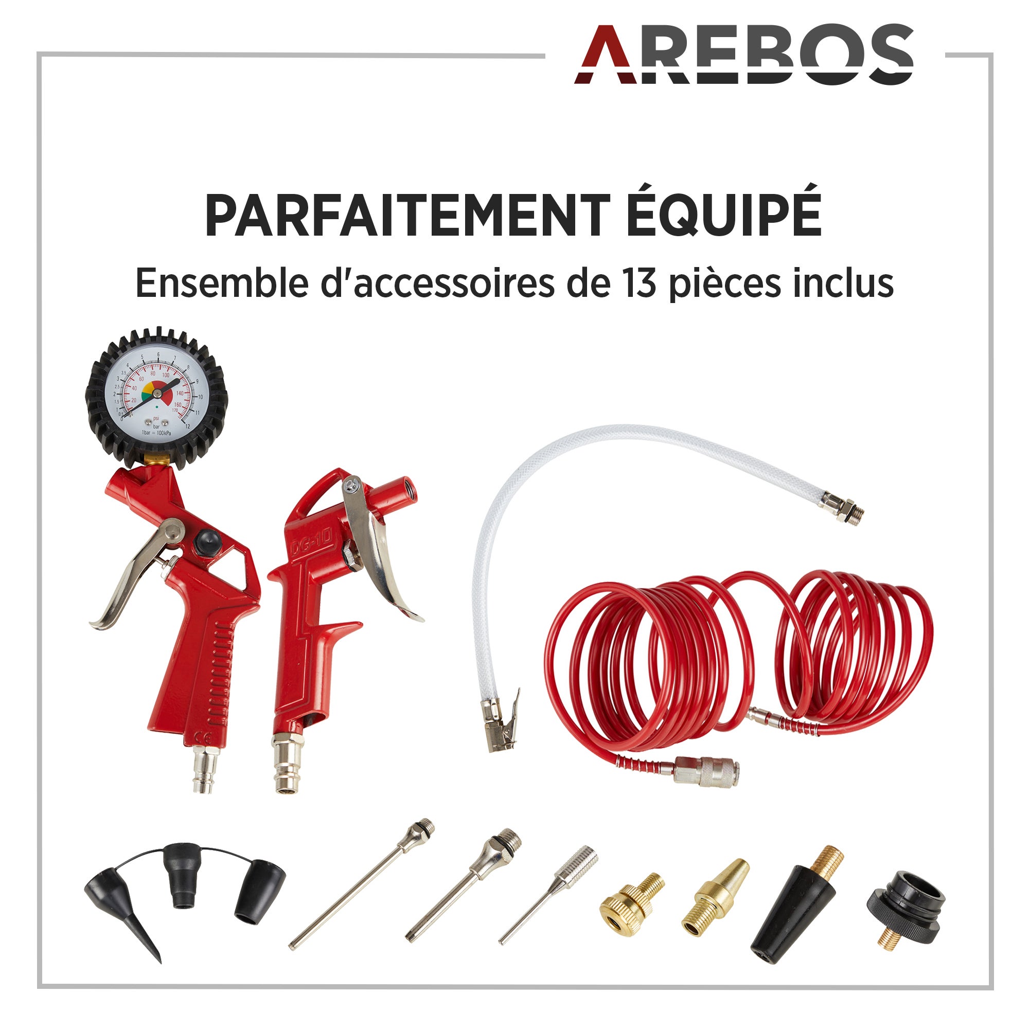 AREBOS Compresseur d'air avec kit d'accessoires 13 pièces mobil Sans huile Arrêt automatique Capacité : 30 litres - 7