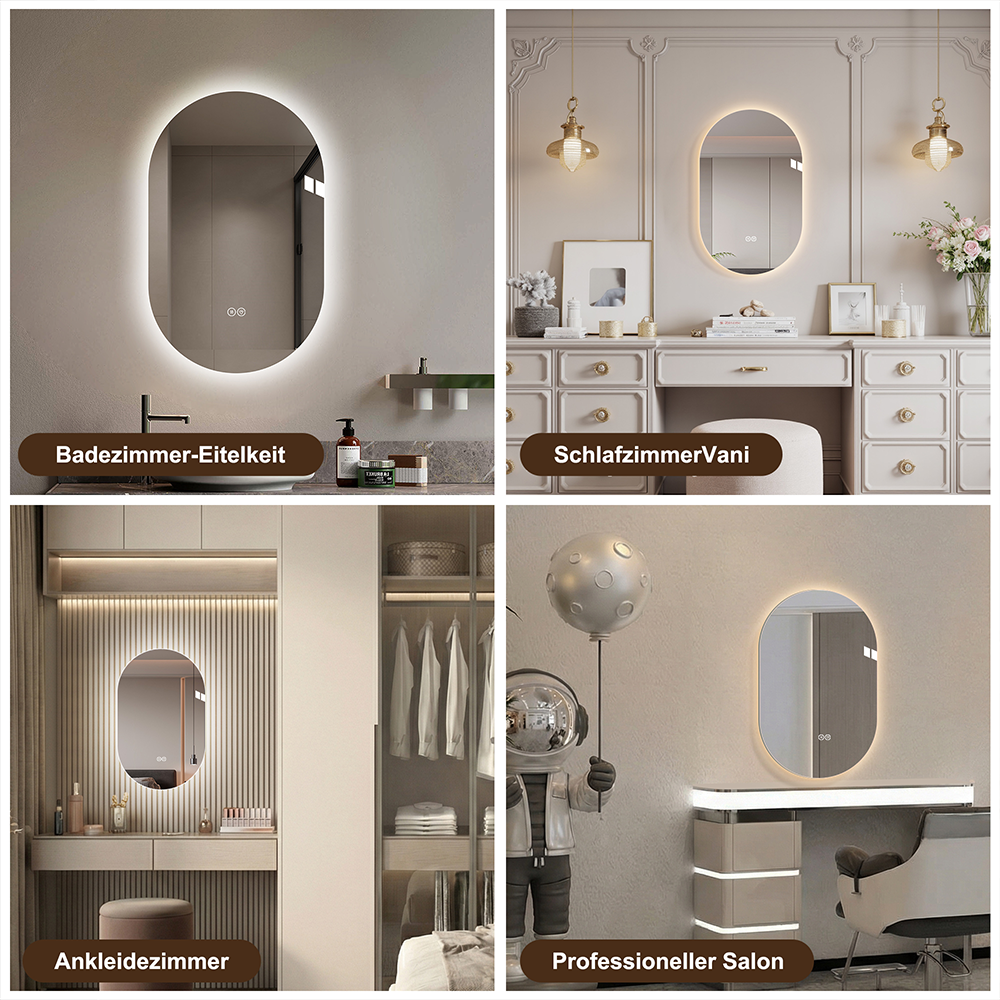 Miroir de Salle de Bain LED 50x80 cm Ovale Sans Cadre avec Éclairage, Anti-Buée 3 Mode Couleur - 4