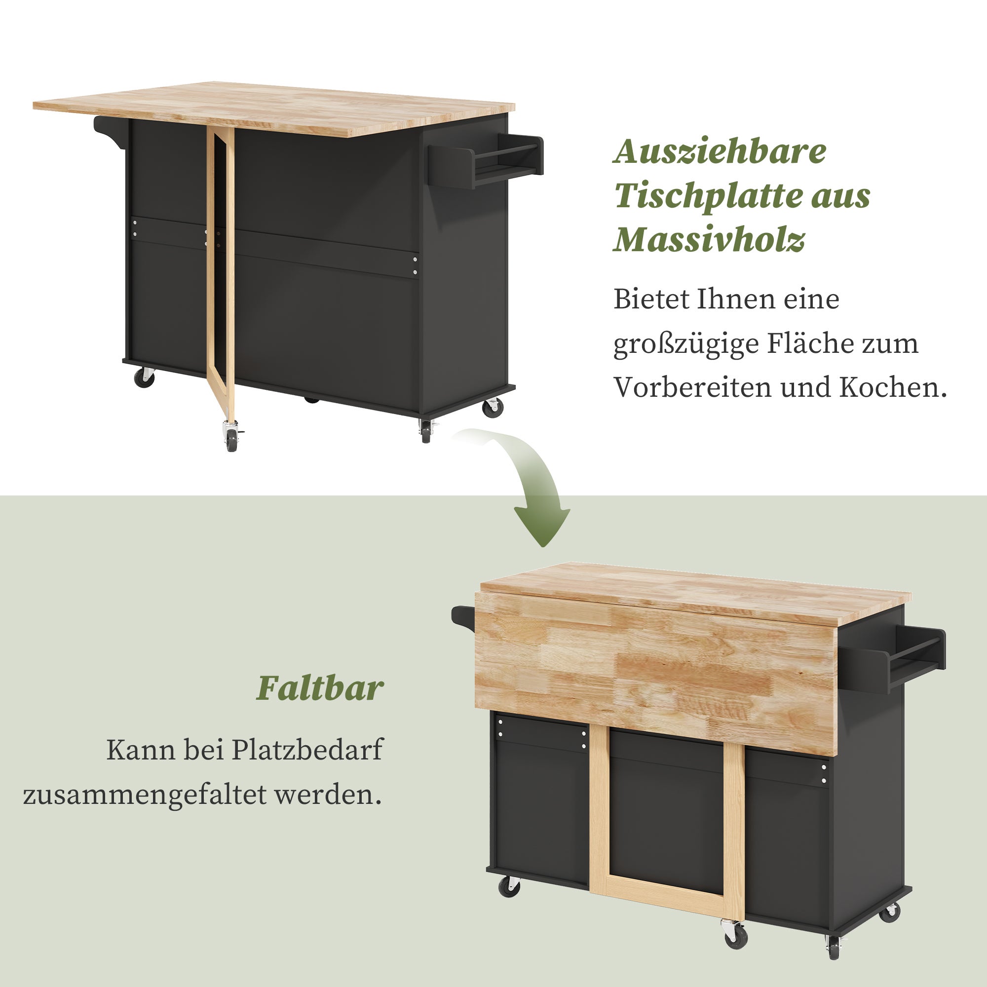 Ilot central de cuisine 137x43-76x92 cm - Plateau extensible, Cuisine multifonction avec 3 Tiroirs et Porte-Serviettes Plan de Travail en Chêne, Noir - 4